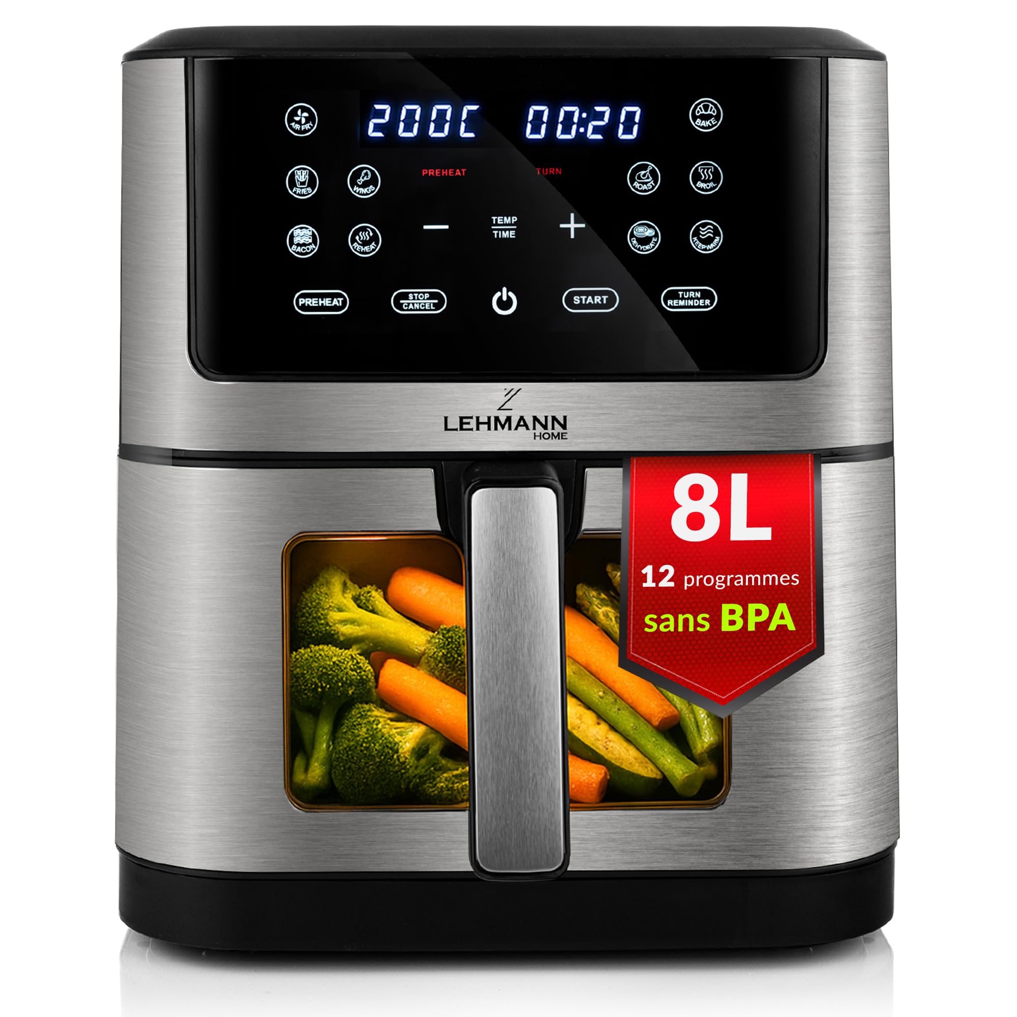 LEHMANN Air Fryer 8L avec Compartiment Flexible Dual Zone, Fenêtre, 12 programmes, Réglage Température 76-200°C, Écran Tactile LED, Revêtement Antiadhésif, 90% de Matières Grasses en Moins