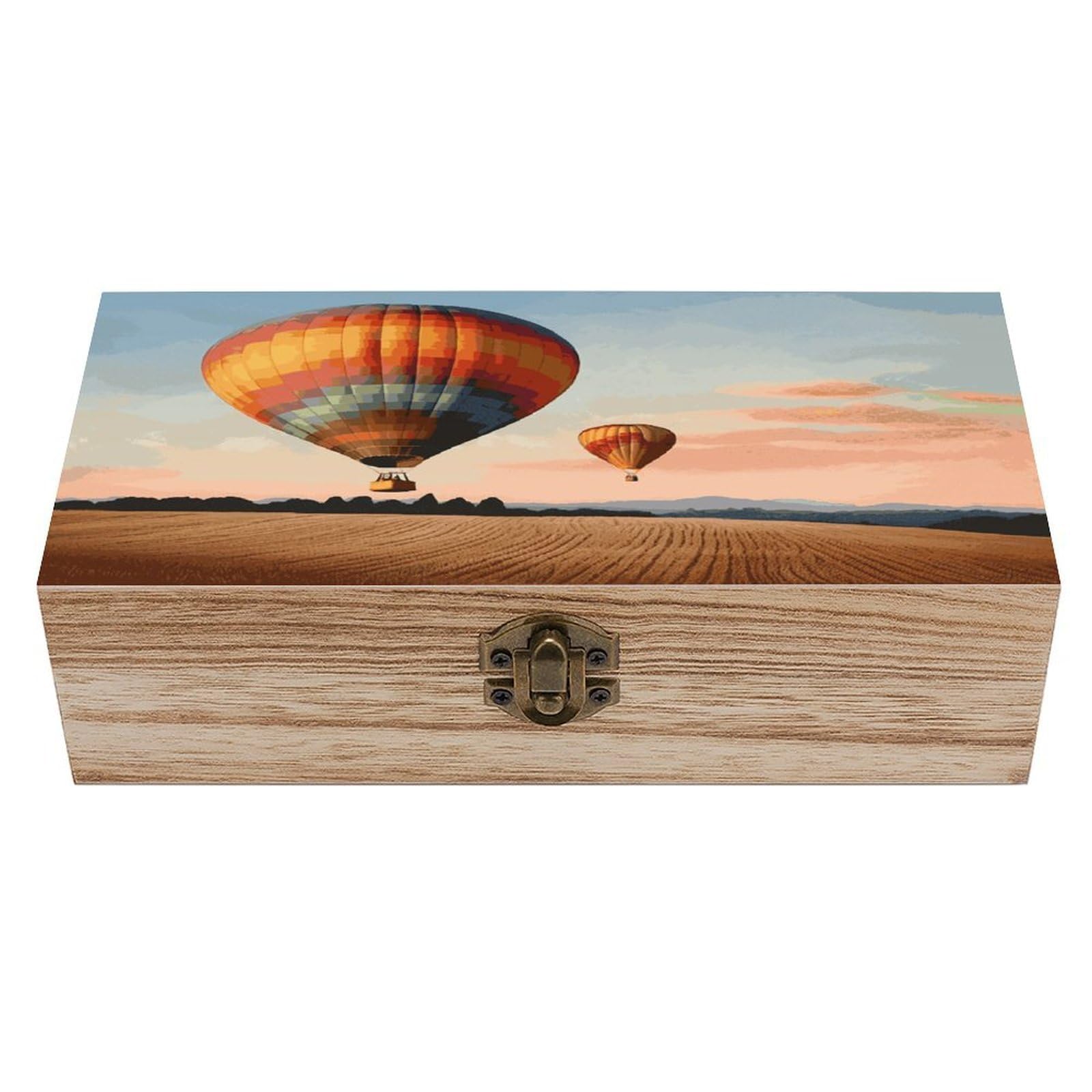 Btcowzrv Style Hot Air Balloon Wooden Storage Box, Keepsake Box With Hinged And Retro Lock, Wood Jewelry Organizer For Photos & Mementos And Home Decor