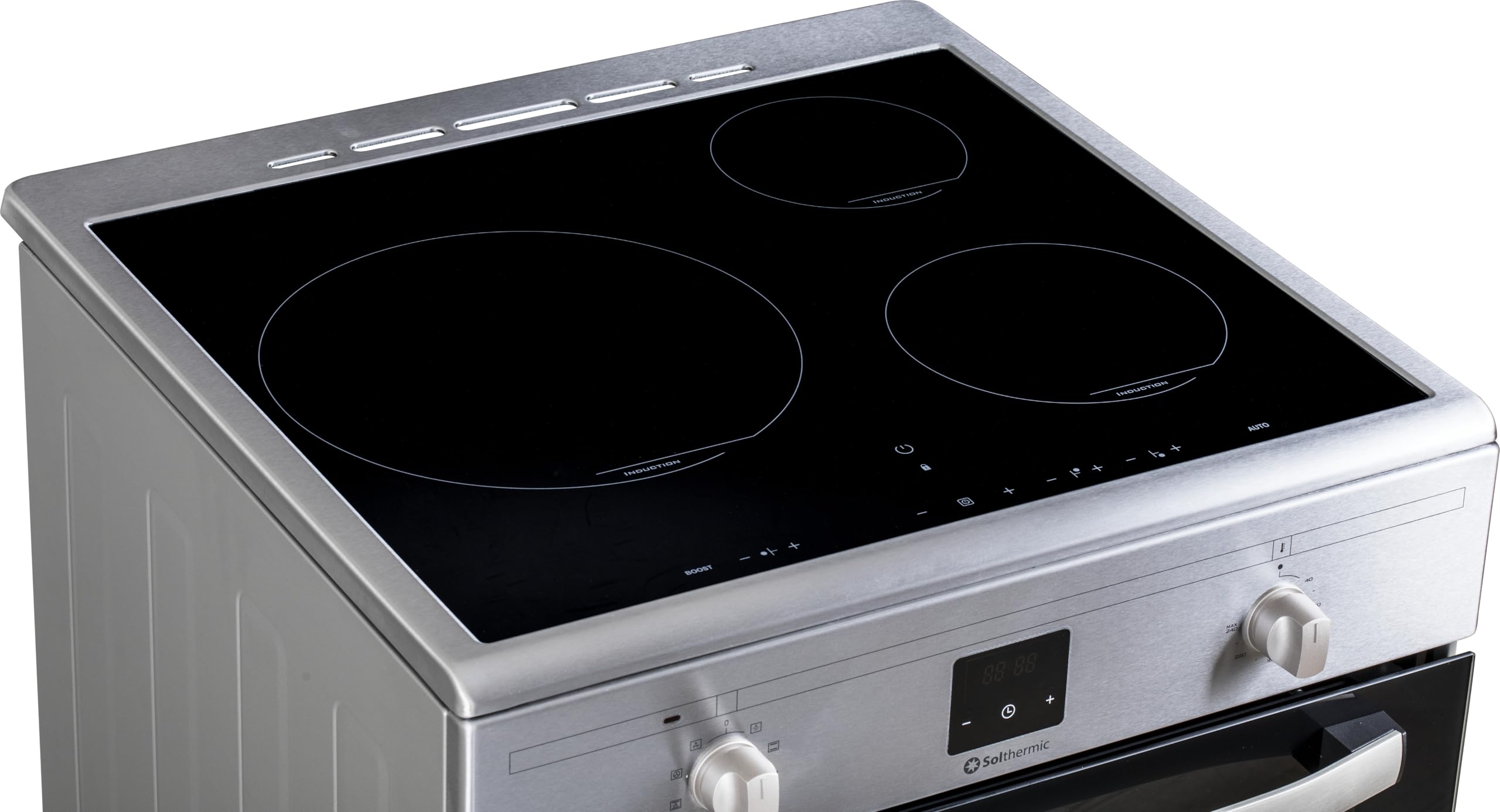 INDUCCION SOLTHERMIC COCINA VTI60 ACERO INOXIDABLE/HORNO GRAN CAPACIDAD CON TURBO 60L / FUNCIONES BOOSTER, ALTA POTENCIA, CALENTAMIENTO RÁPIDO / 3 ZONAS (1 GRAN ZONA) / BAJO CONSUMO (A)