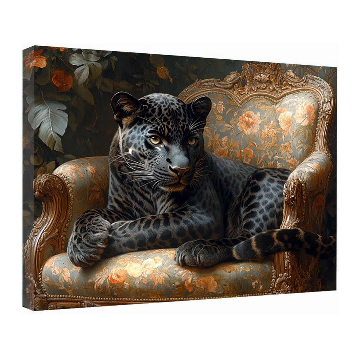 TZKRWRH Cheetah Wall Art Print Jungle Animal Decor Panther On Ornate Sofa Leopard Prints, Animals Portrait, Jungle Poster, Funny Paintings Bathroom(Black 39)-50x75cm Framed