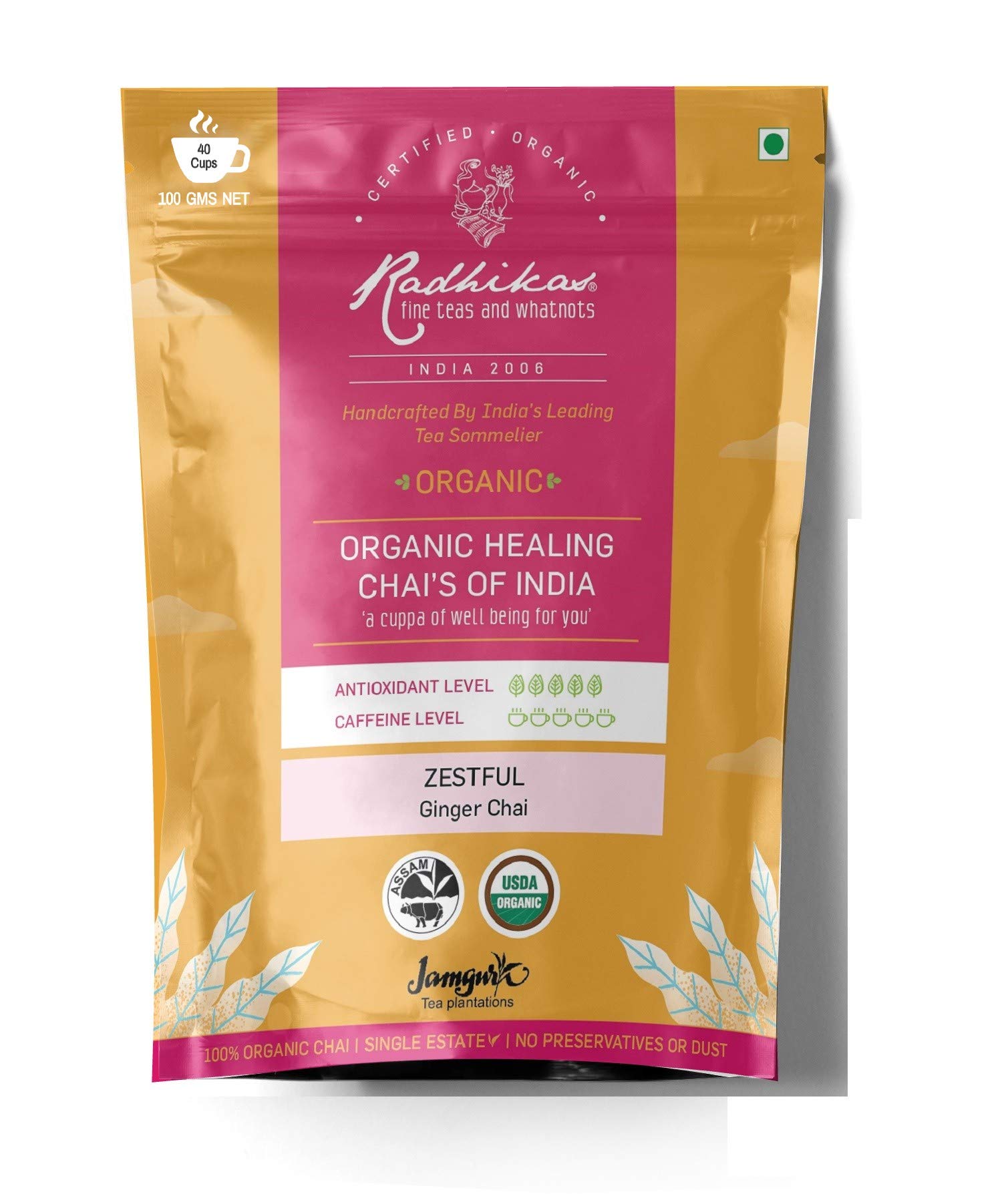 Radhikas Fine Teas and Whatnots ZESTFUL Ginger Chai Ginger Tea Vacuum Pack, 100gm - Makes 40 Cups of Tea