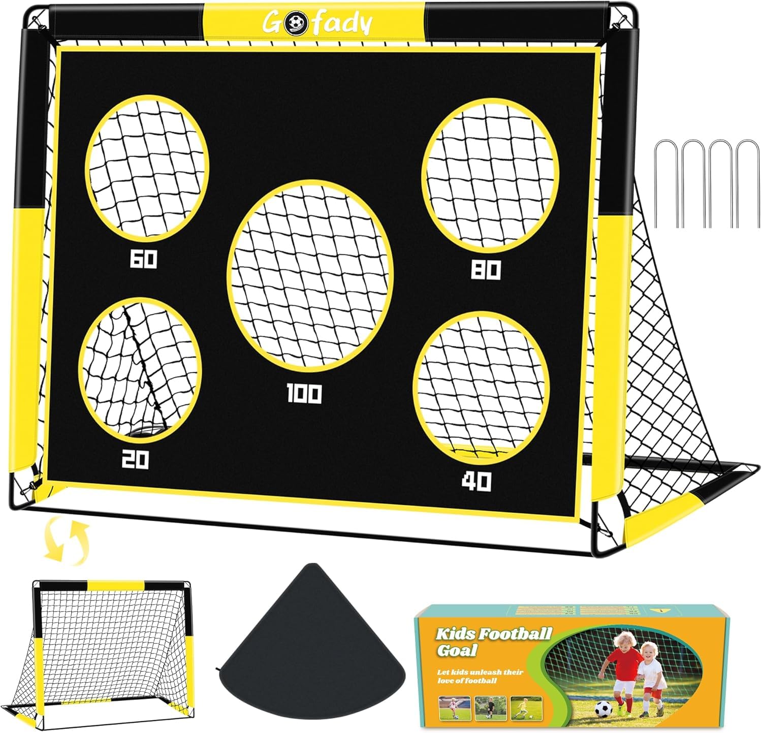 Gofady 2-in-1 Fußballtor für Kinder, 150 * 120cm, Tragbares & Stabiles Fussballtore mit 5 Zielbereichen, 4 Erdanker und 1 Tragetasche, Stabil für Garten, Park, Strand