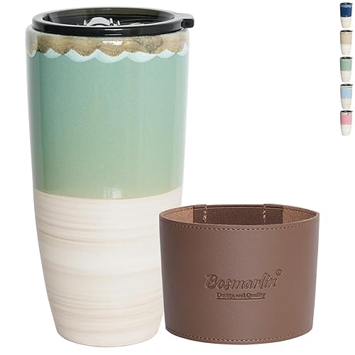 Bosmarlin Ceramic Travel Coffee Cup with Lid, 21 oz, Portable Coffee Mug for Car Cup Holder, Microwave and Dishwasher Safe, Reactive Glaze (Green) - Green