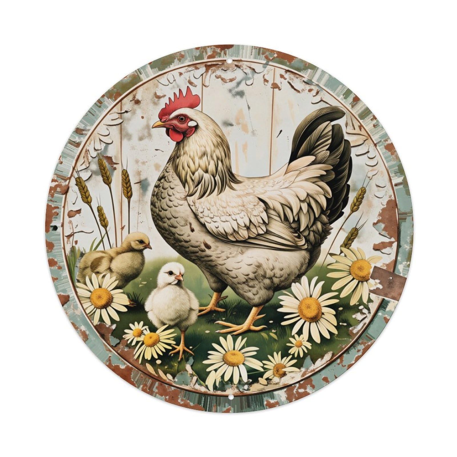 Chicken With Chicks And Daisies Round Tin Sign Retro Metal Sign for Cafe Bar Pub Home Game Room Gym Club Wall Decoration Vintage Metal Poster 8x8 Inch