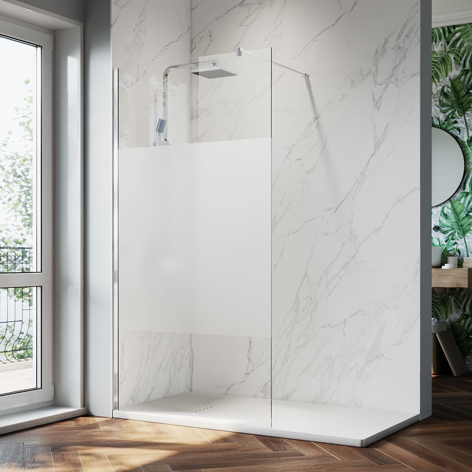 ZANOFIRA 800mm Walk in Shower Screen with Frosted Privacy Band 8mm Toughened Safety Glass Easy Clean Nano Coating Wet Room Shower Screen with Stainless Steel Support Bar Reversible