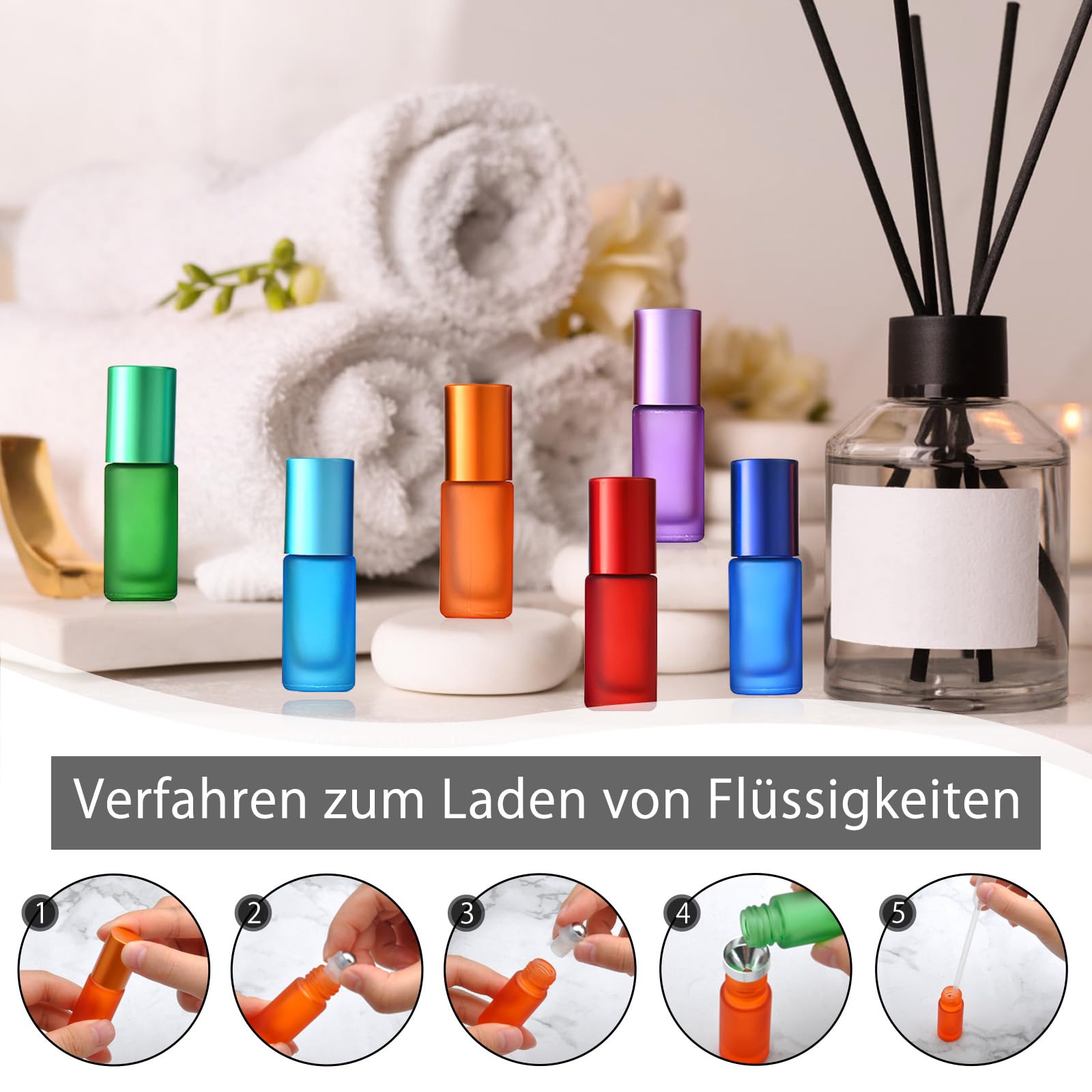 Botellas de cristal para aceite esencial 5 ml con rodillo de acero inoxidable, jeringas y embudo