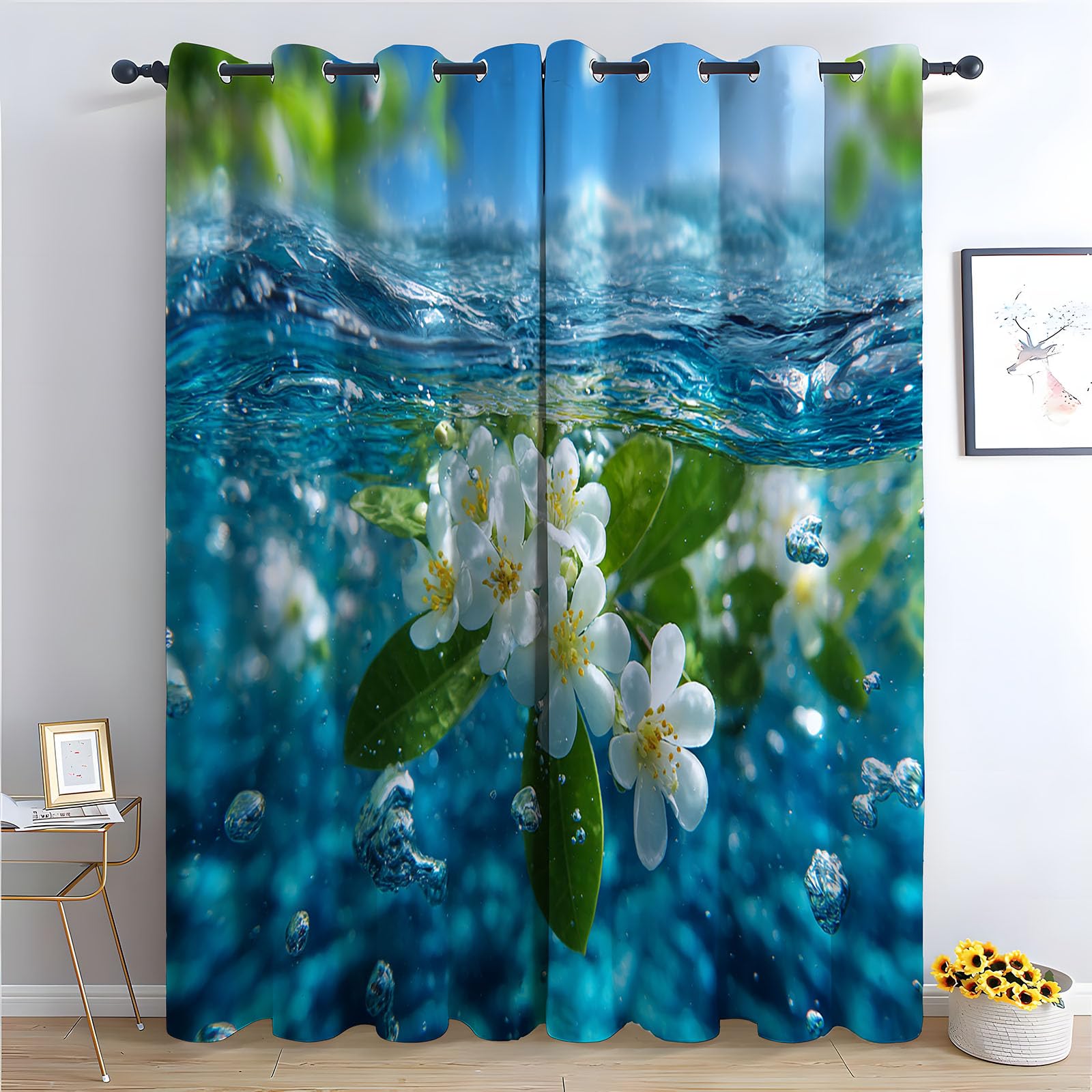 TERUEA Floral Curtains white flower leaf bubble sunny ocean fresh nature Thermal Insulated Blackout Curtains Botanical Flower Print Window Drapes for Bedroom Living Room-52 W x 96" L (Pack of 2)