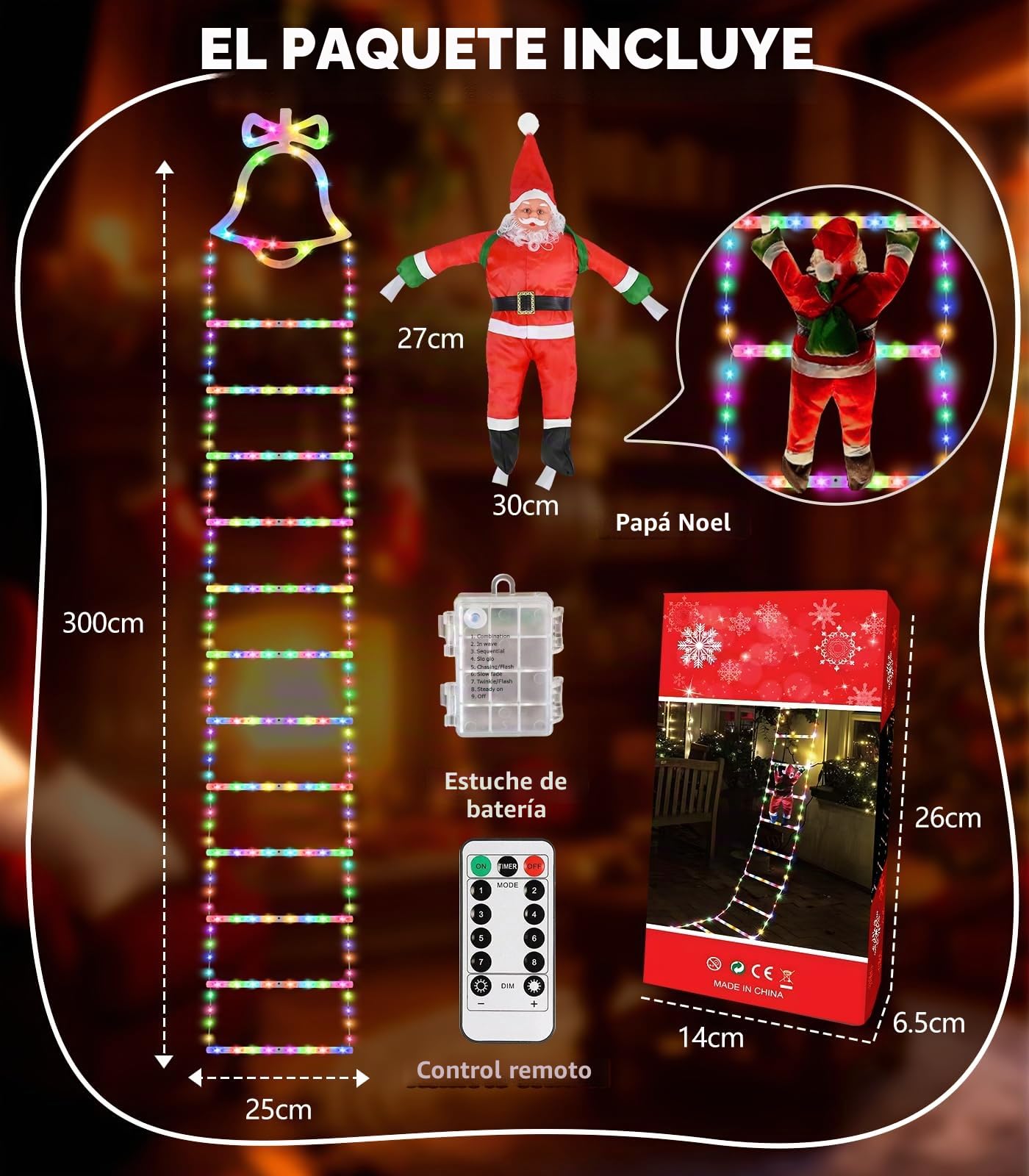 Guirnalda Luces de Navidad - 3 Metros LED Escalera Pilas Luces Navidad Exterior con Papá Noel, 8 Modos Luz Luces de Navideña Decoracion con Control Remoto Exterior Interior para Habitacion,Balcon