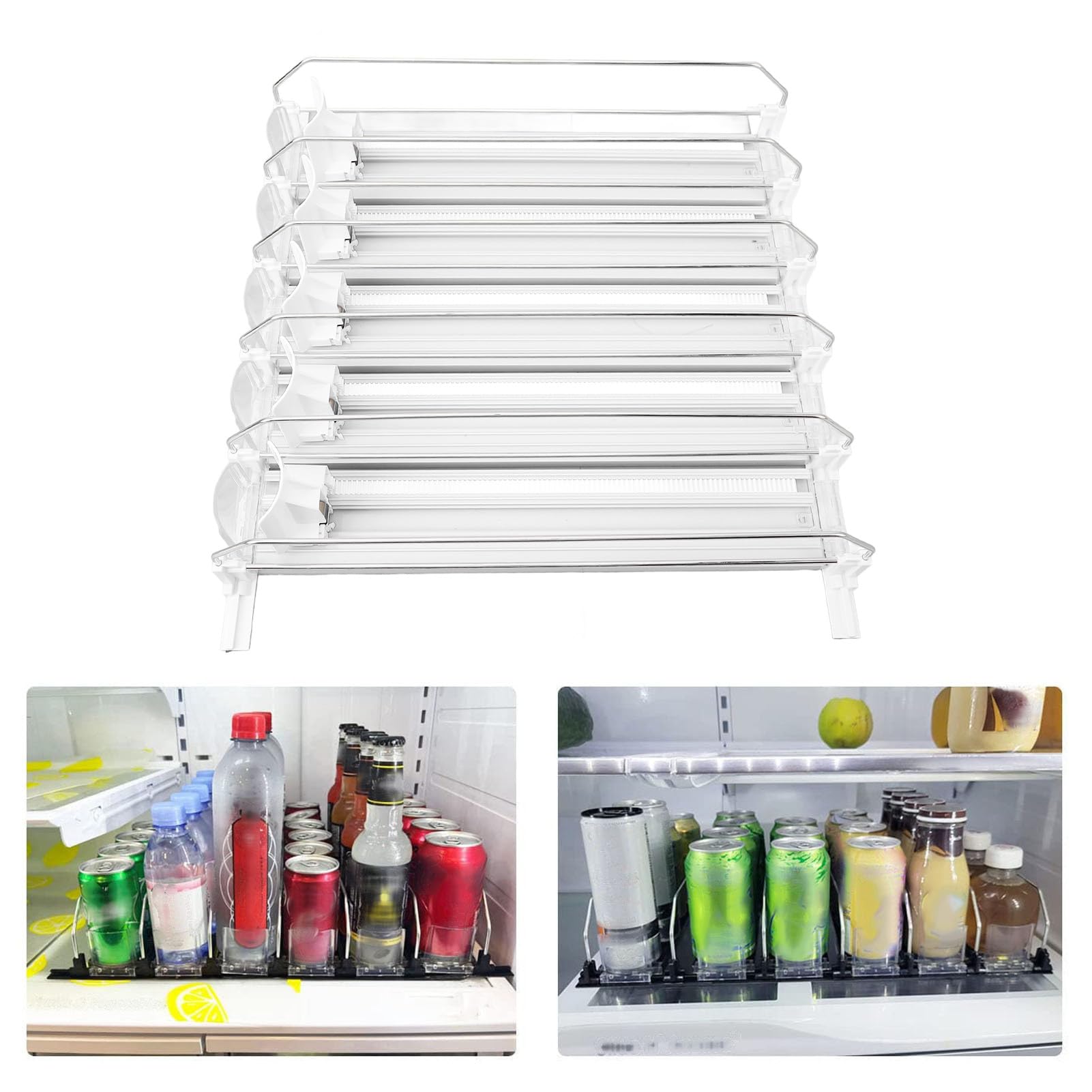 Organizador de Bebidas para Nevera, 5 Unidades, Dispensador Automático de Latas de Refresco con Empuje Automático, Ancho Ajustable, Organización de Nevera, Lata de Cerveza, Botella de Agua,(Blanco)