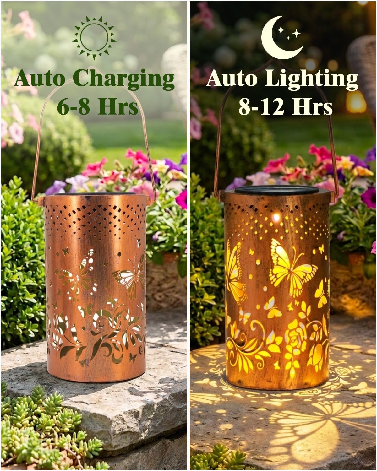 Paquete de 4 linternas solares colgantes para exteriores, 4 mariposas con decoración de metal, linterna LED impermeable para jardín