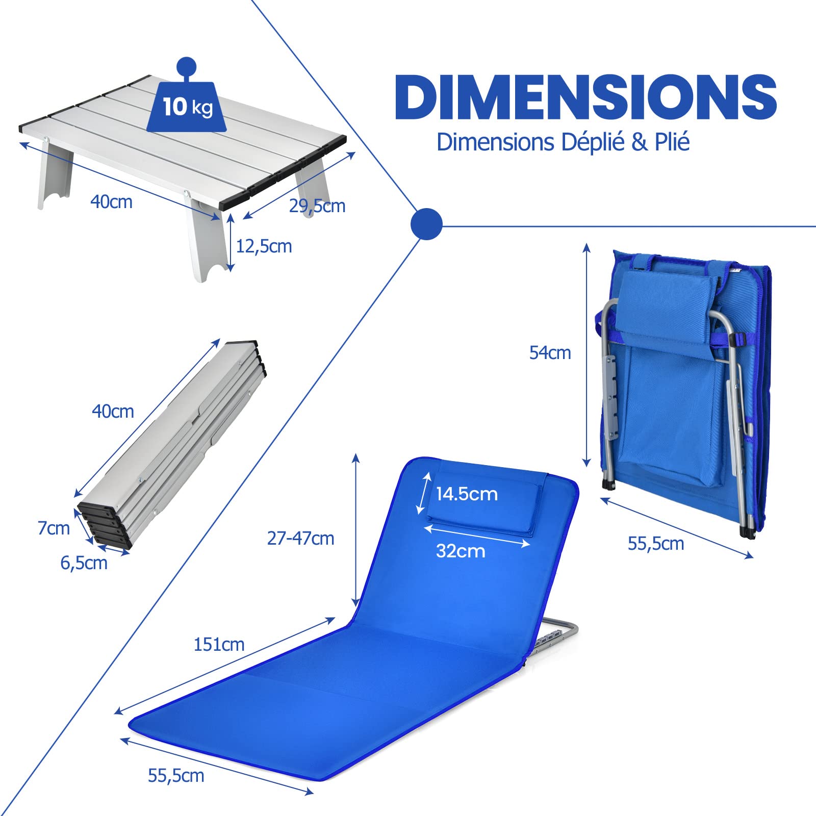 GYMAX Ensemble 2 Transats de Plage avec Table d'Appoint, Pliable et Portable, Dossiers Inclinables Réglables, pour Bain de Soleil, Détente, Bronzage en Plein Air, Pelouse, Balcon, Piscine (Bleu)