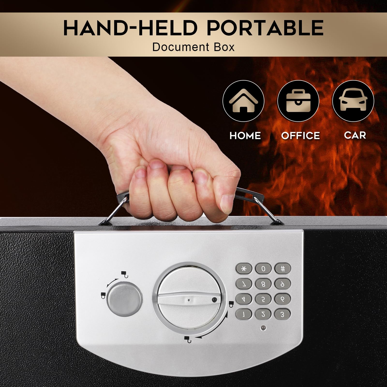 Dalmbox Caja fuerte de metal portátil con cerradura de código digital, almacenamiento resistente al fuego para documentos, caja de seguridad ignífuga, coche, hogar, oficina y exterior, caja negra