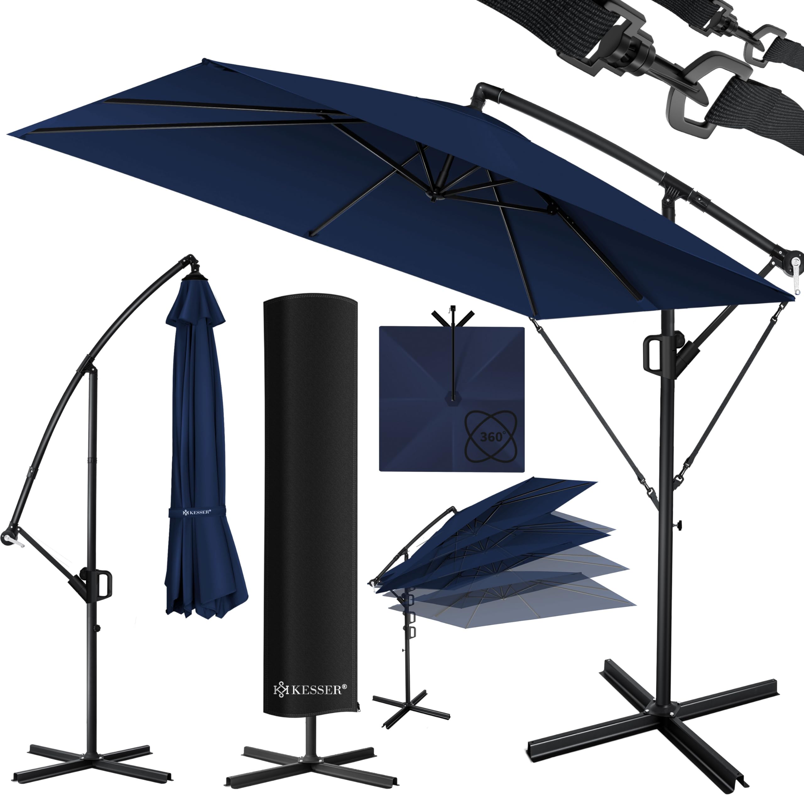 KESSER® Holly Sombrilla de terraza rectangular + funda + protección contra el viento con manivela, incl. manivela y soporte Protección UV Aluminio hidrófugo 250cm x 250cm Sombrilla de jardín