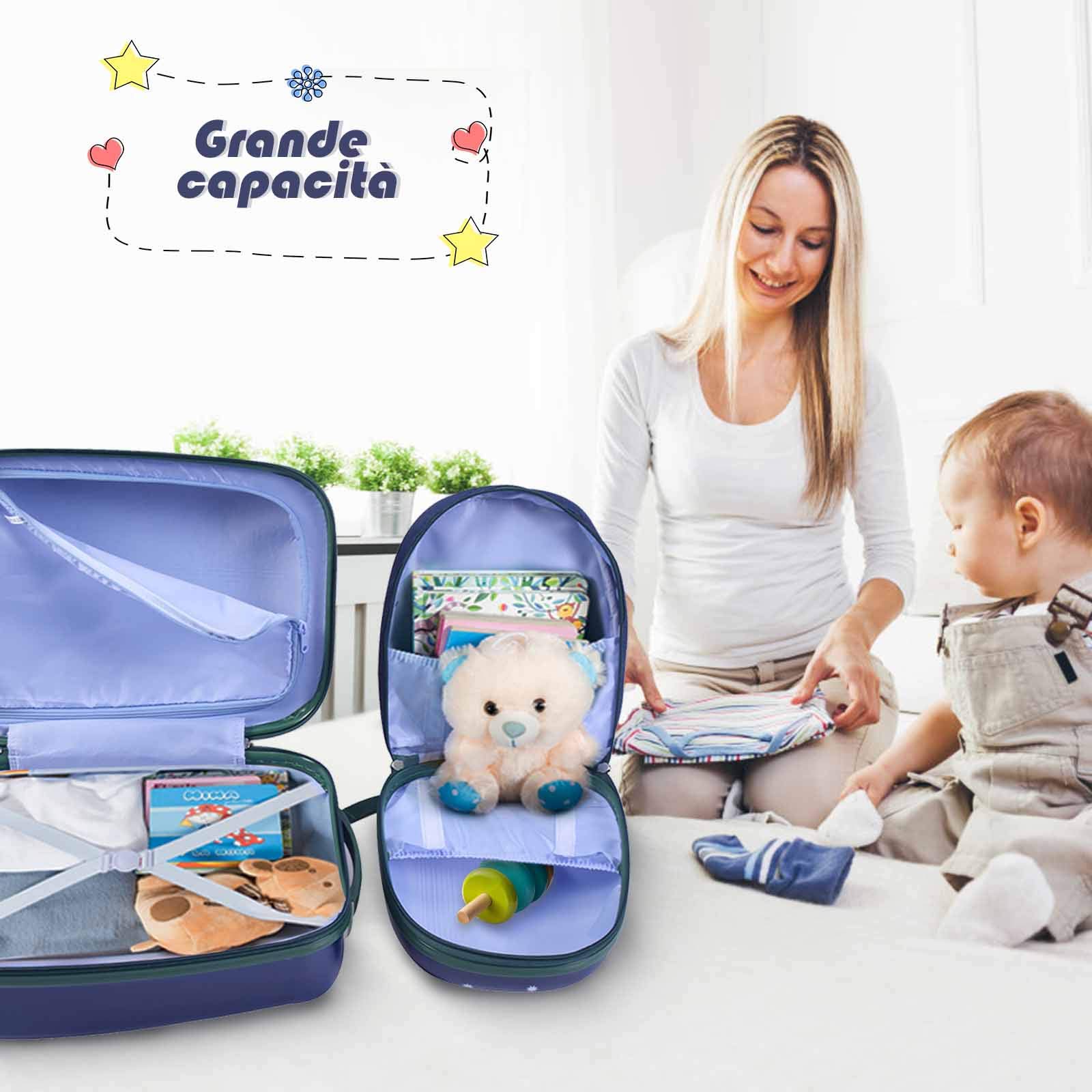 RELAX4LIFE Set Valigia Bambini 2 in 1 Animali Selvatici Blu Notte (Trolley16 + Zaino 12") con Ruote 360°, Maniglia Regolabile, Zaino con Piedini|ABS Resistente|Ideale per Viaggi e Scuola