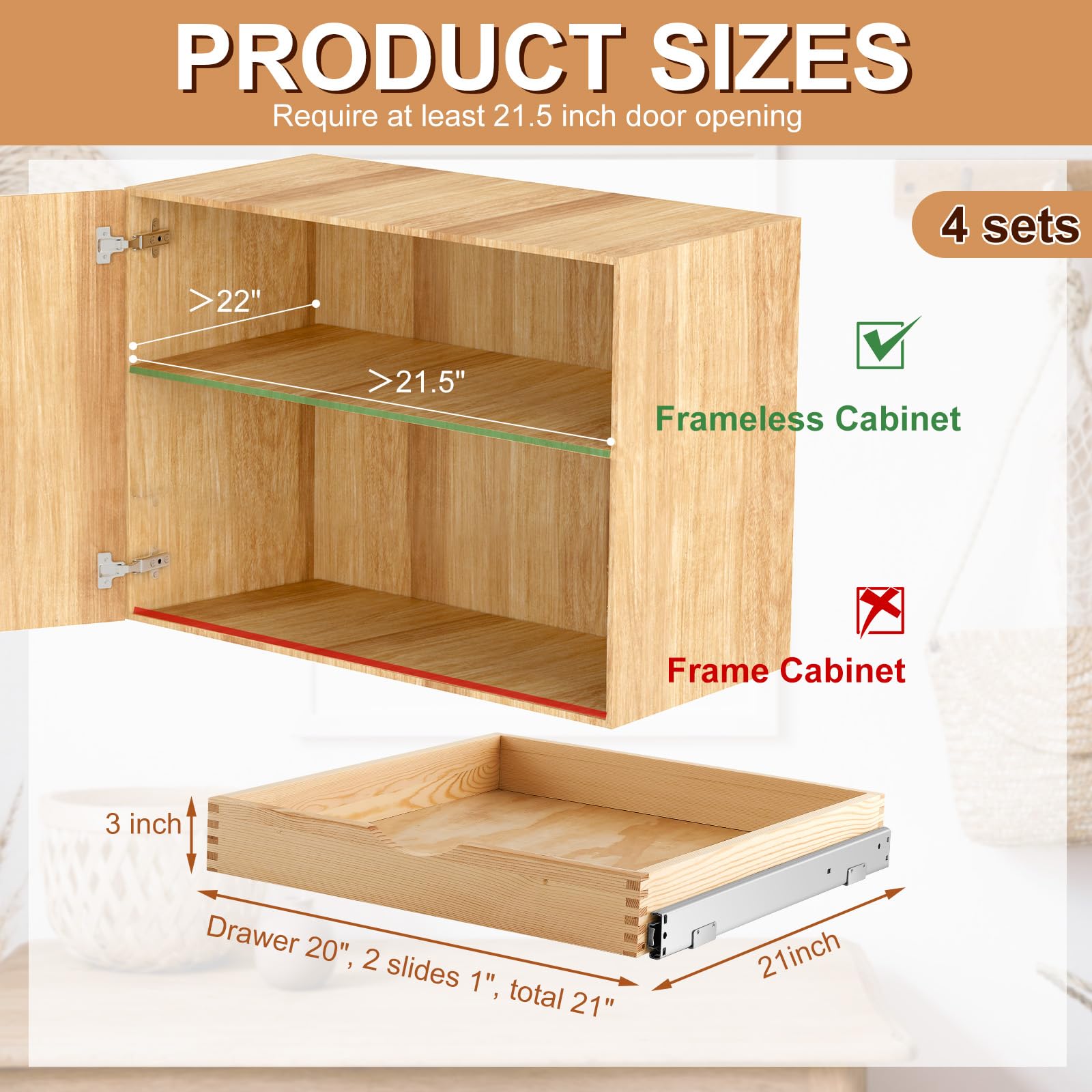 Sintuff 4 Set Wooden Pull out Tray Cabinet Organizer Soft Close Roll out Shelves for Kitchen Cabinets Fully Assembled Slide Pantry Shelves(20'' X 21'')