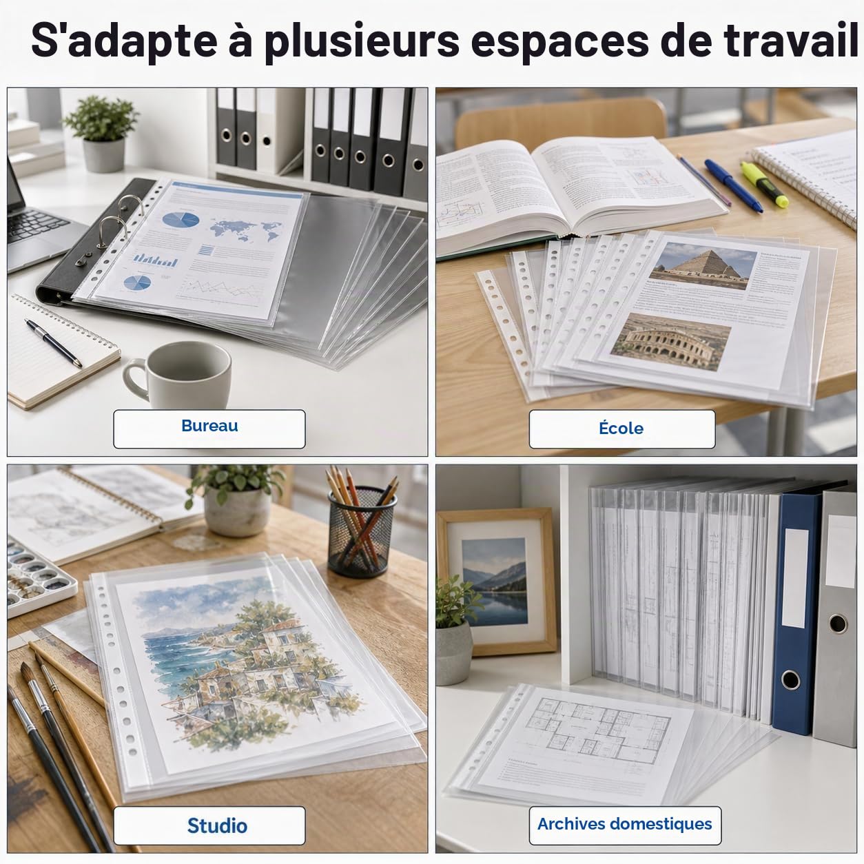 Lot de 100 pochettes transparentes A3, pochettes transparentes DIN A3, feuilles en plastique transparent, pochettes perforées en plastique transparent pour dossiers A3, documents, papiers