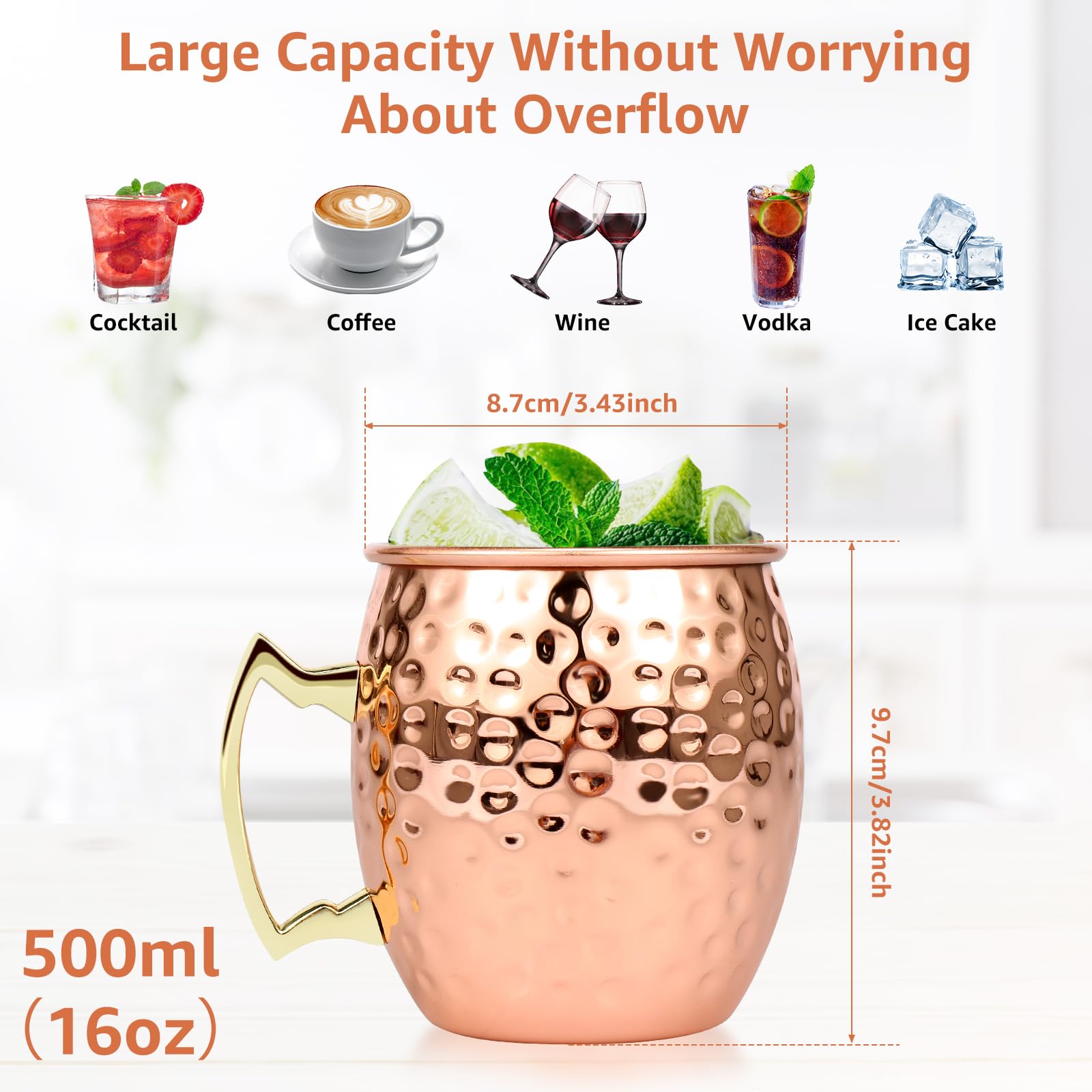 Moscow Mule Mugs Set of 2, Moscow Mule Copper Mugs, 16 oz Hammered Copper Cups with Handle, Rose Gold Moscow Mule Mugs for Cold Drinks, Cocktail, Beer, Wine, Bars, Parties (2PCS)