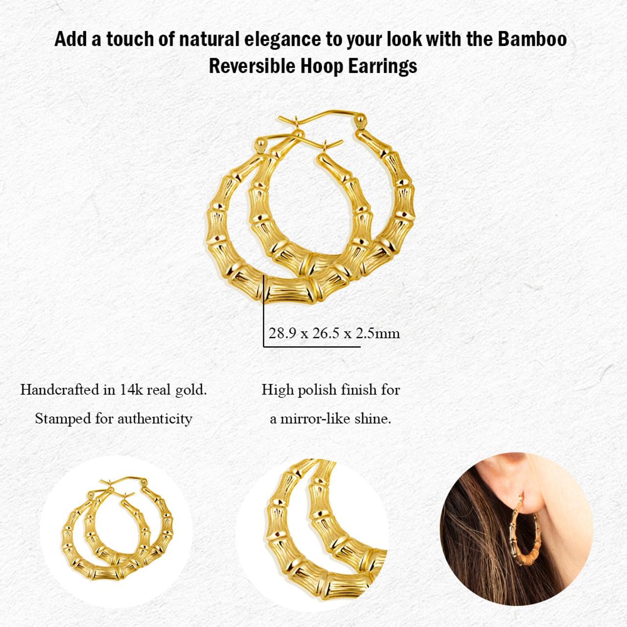 Gold Reversible Striped & Ribbed Bamboo Hoop Earrings for Women | 10K or 14K Yellow Gold - Image 3