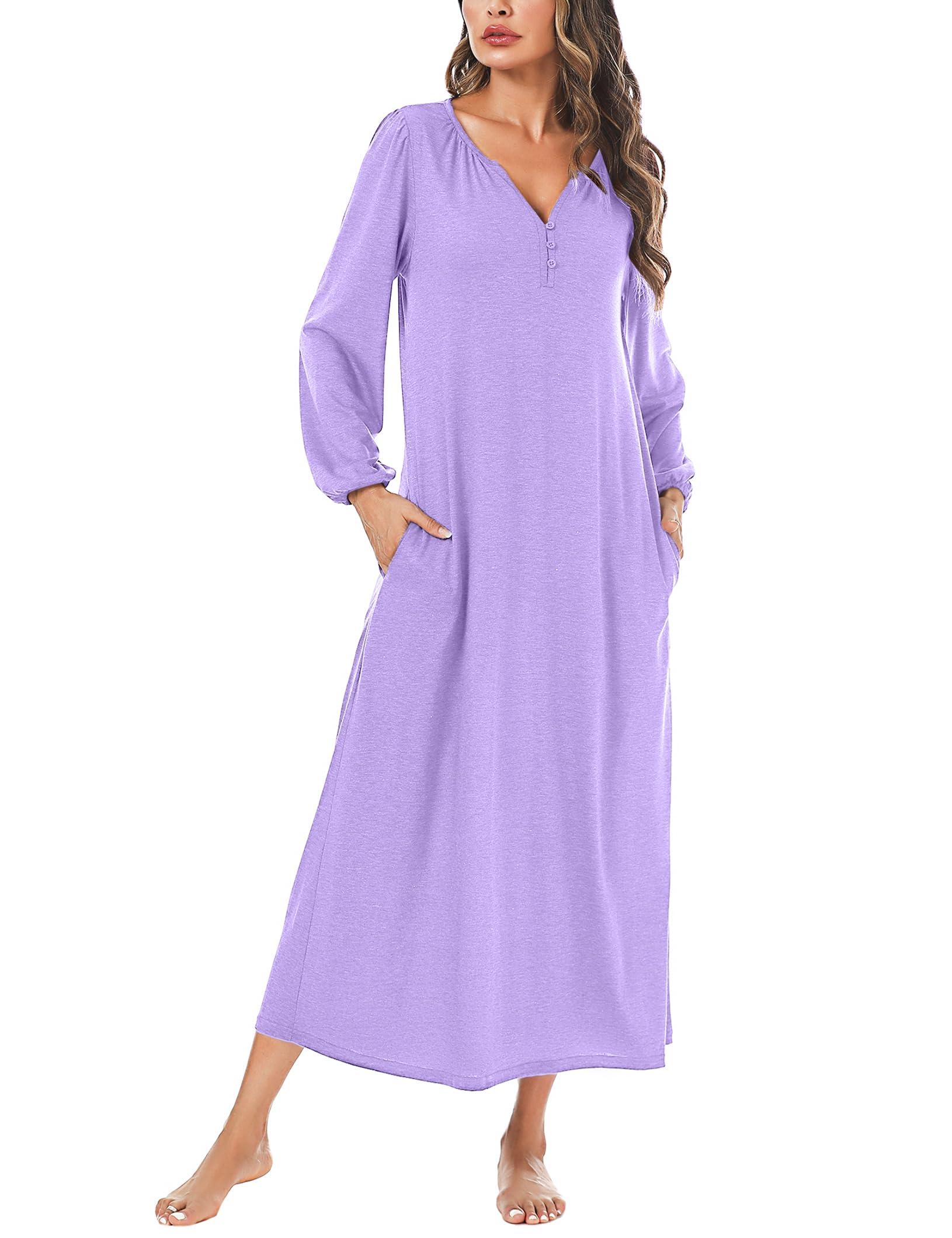 Marvmys Womens Cotton Long Sleeve Nightgown Long Sleepshirts Full Length Henley Sleep Dress with Pockets