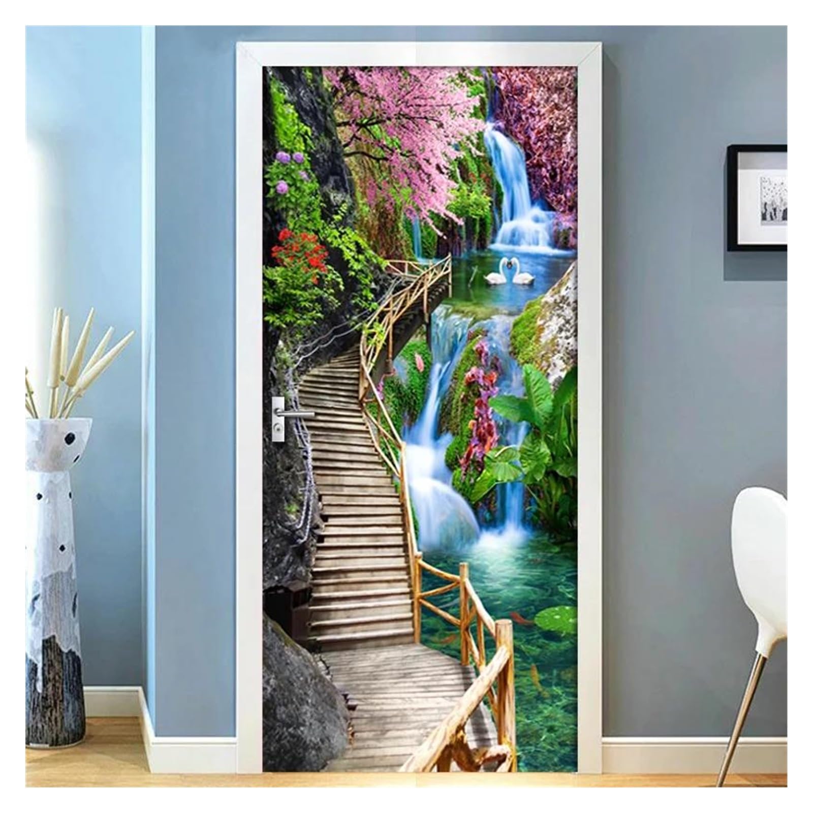 Stickers de porte 3D paysage de cascade pour masquer les imperfections de vos boiseries