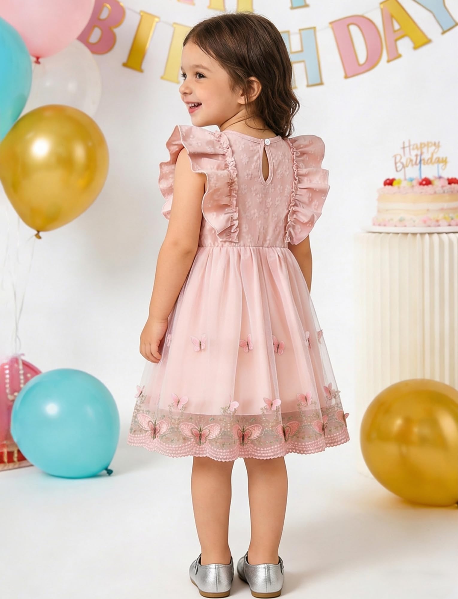 Happy Cherry Robe en Tulle pour Bébé Fille Robes de Princesse Festive avec Manches à Ailes Broderie Papillon 3D Vetement d'été pour Enfant 9 Mois à 3 Ans