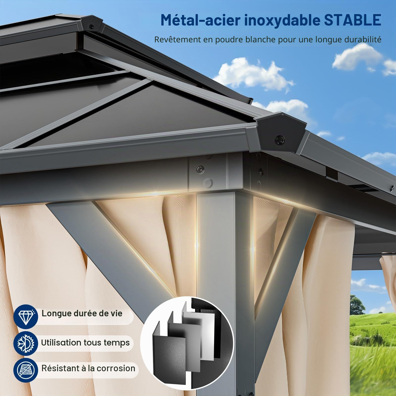 UDPATIO Double Toit Tonnelle de Jardin 3x4m Imperméable - UV Résistant avec Rideaux, Tonnelle Stabilisée pour Jardin, Terrasse (Beige)