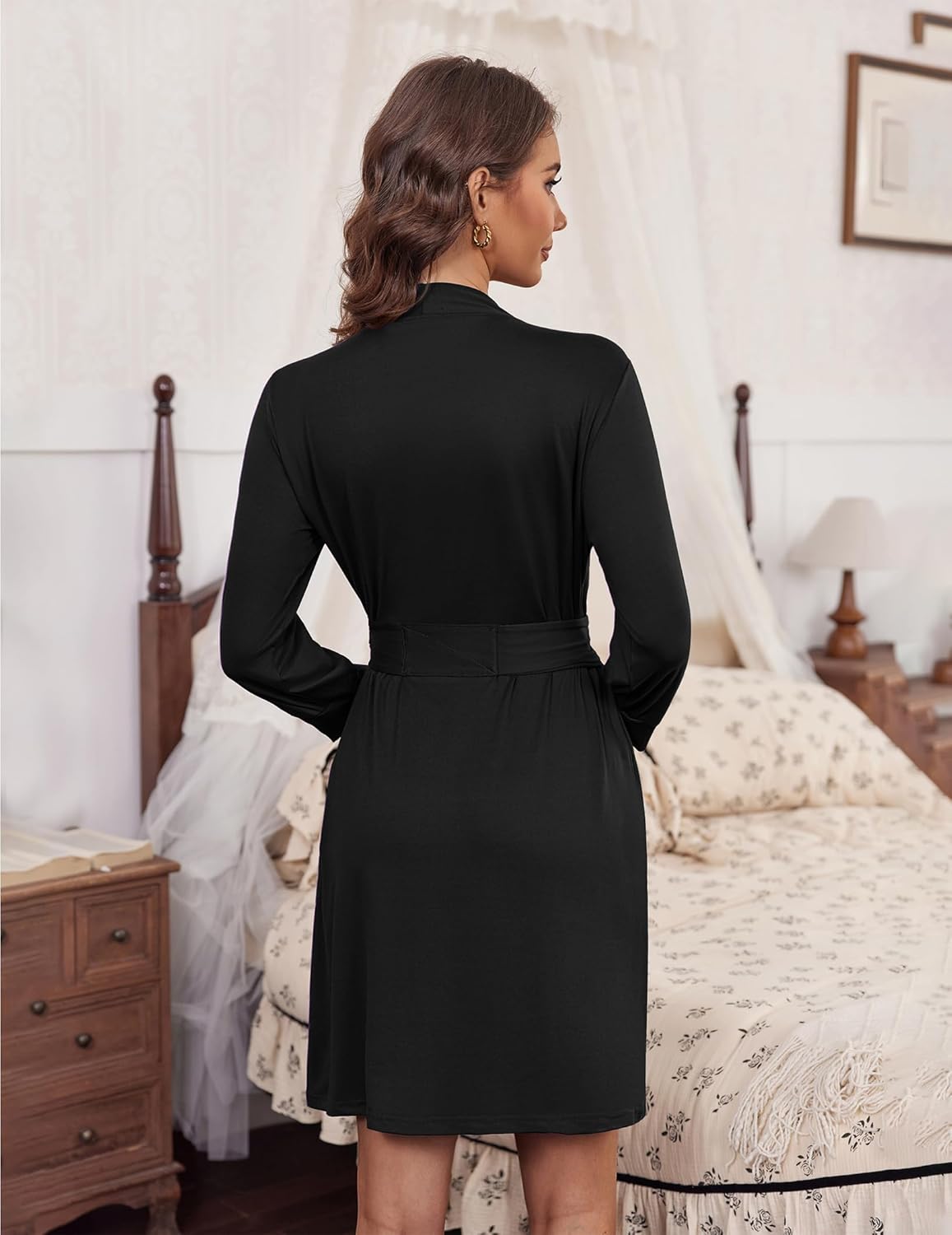 Ekouaer Women‘s Robes Lightweight 3/4 Sleeve Short Knit Bathrobe Soft Knee Length Sleepwear Robes with Pockets S-XXL - Image 4