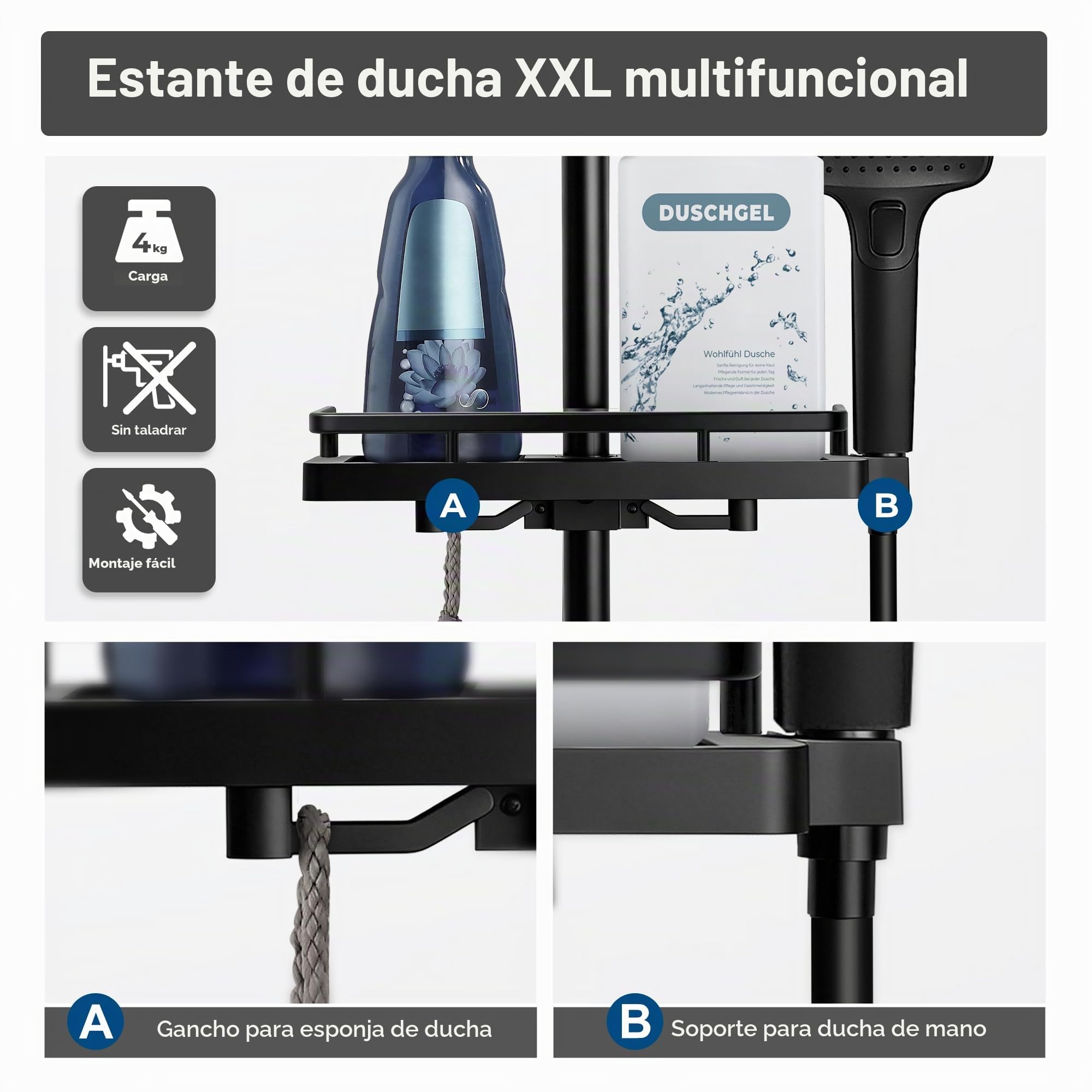 Görbach Columna Ducha Termostática, Grifo Mezclador con juego de barras de ducha de acero inoxidable, Alcachofa, barra ducha 70 cm con Estante, negro