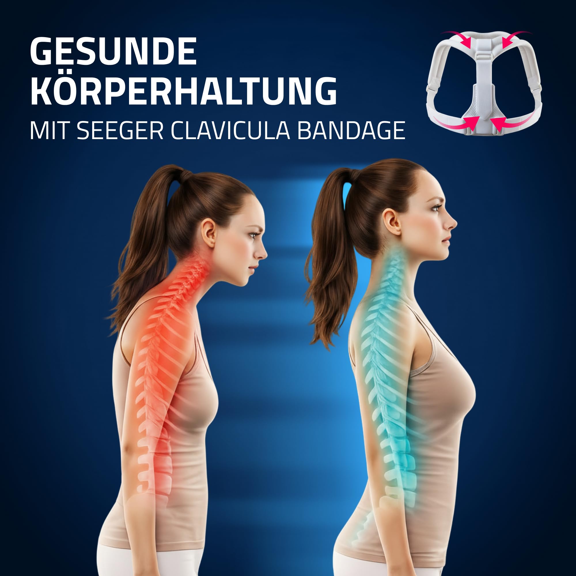 Seeger Rücken Geradehalter & Haltungskorrektur – Rückenstützgürtel für Damen und Herren, Schultergurt Haltungskorrektur für geraden Rücken, Clavicula Bandage, verstellbar, Made in Germany