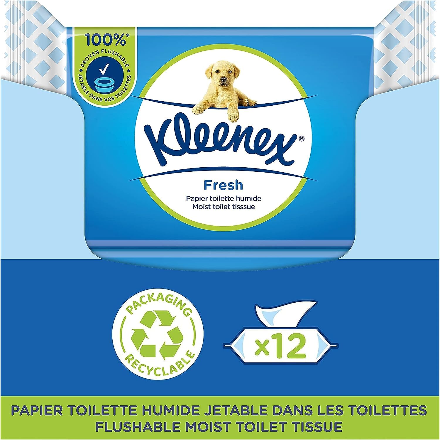 KLEENEX Papel higiénico Fresh Wet (12 paquetes de 42 hojas), desechable en el inodoro, 100% fibras naturales, sin plástico, sin fragancia, sin alcohol