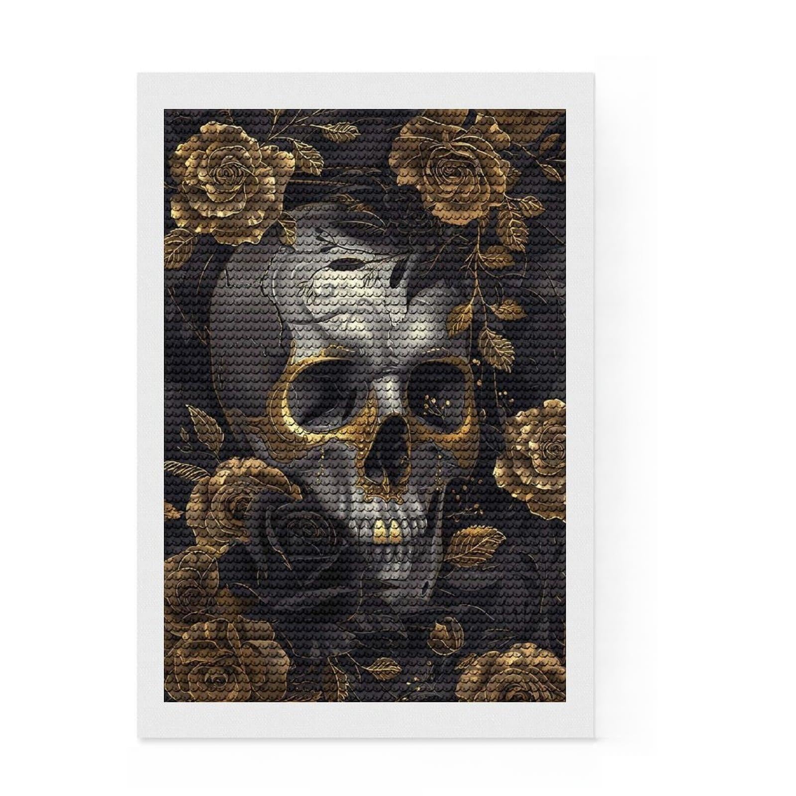Junmoney Skull with Gold Roses Diamond Art Canvas 8"x12", with Tool Kit, Office Decor, for Craft Lovers, Festive Craft Gift, Printed Canvas