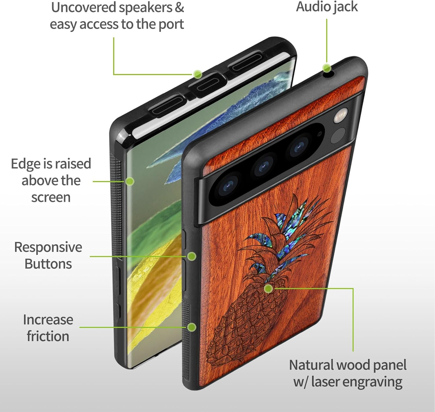 Carveit Designer Wooden Case for Google Pixel 8 Pro Case Cover [Wood Engraving & Shell Inlay] Compatible with Wireless Chargers Pixel 8 Pro (Pineapple-Rosy)