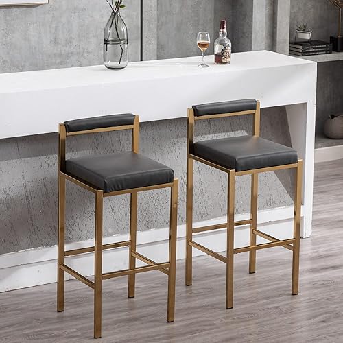 Miniatura 3 de Juego de 2 taburetes de bar de color oro gris de 30 pulgadas, taburetes de bar de cuero sintético, taburetes de bar de metal con respaldo para isla