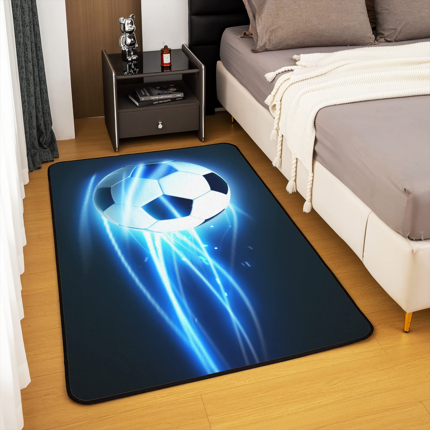 Moderne vlam voetbal woonkamer slaapkamer tapijten tiener jongen meisje 3D sport voetbal serie print antislip decoratie tapijt zachte flanellen stoelmatten kinderkamer speelruimte tapijten (blauw, 60