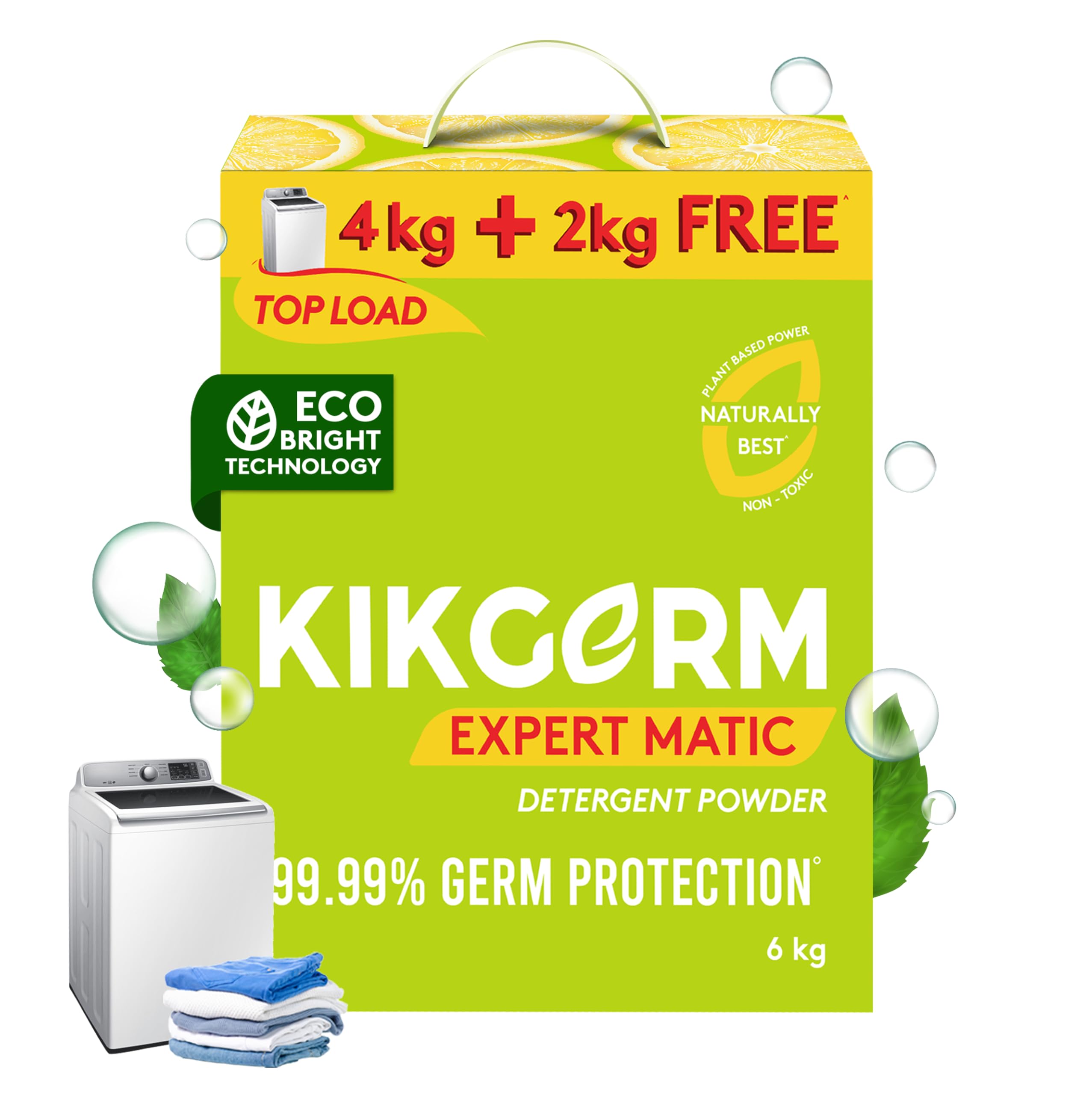 KIKGERM Plant Based Top Load Laundry Detergent Powder (6 Kg) 4 Kg + 2 Kg - Natural, Eco-friendly, Non-toxic, Chemical-free, Biodegradable - Skin Safe, Pet Safe - Tough Stain Remover