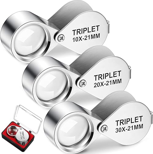Frienda Juego de 3 lupas de ojo de joyeros 10X, 20X y 30X, lupa de bolsillo para joyería, monedas, gemas, sellos, suministros de relojes (plata,