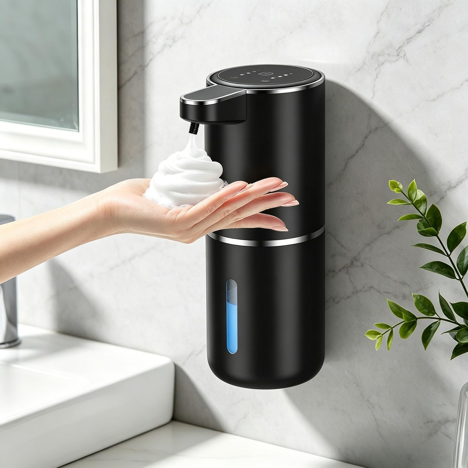 Dalugo Seifenspender Automatisch, No Touch Schaumseifenspender Sensor 380mL USB Wiederaufladbar, IPX5 Wasserdicht Elektrischer Seifenspender Wandbefestigung Schwarz für Badezimmer Küche