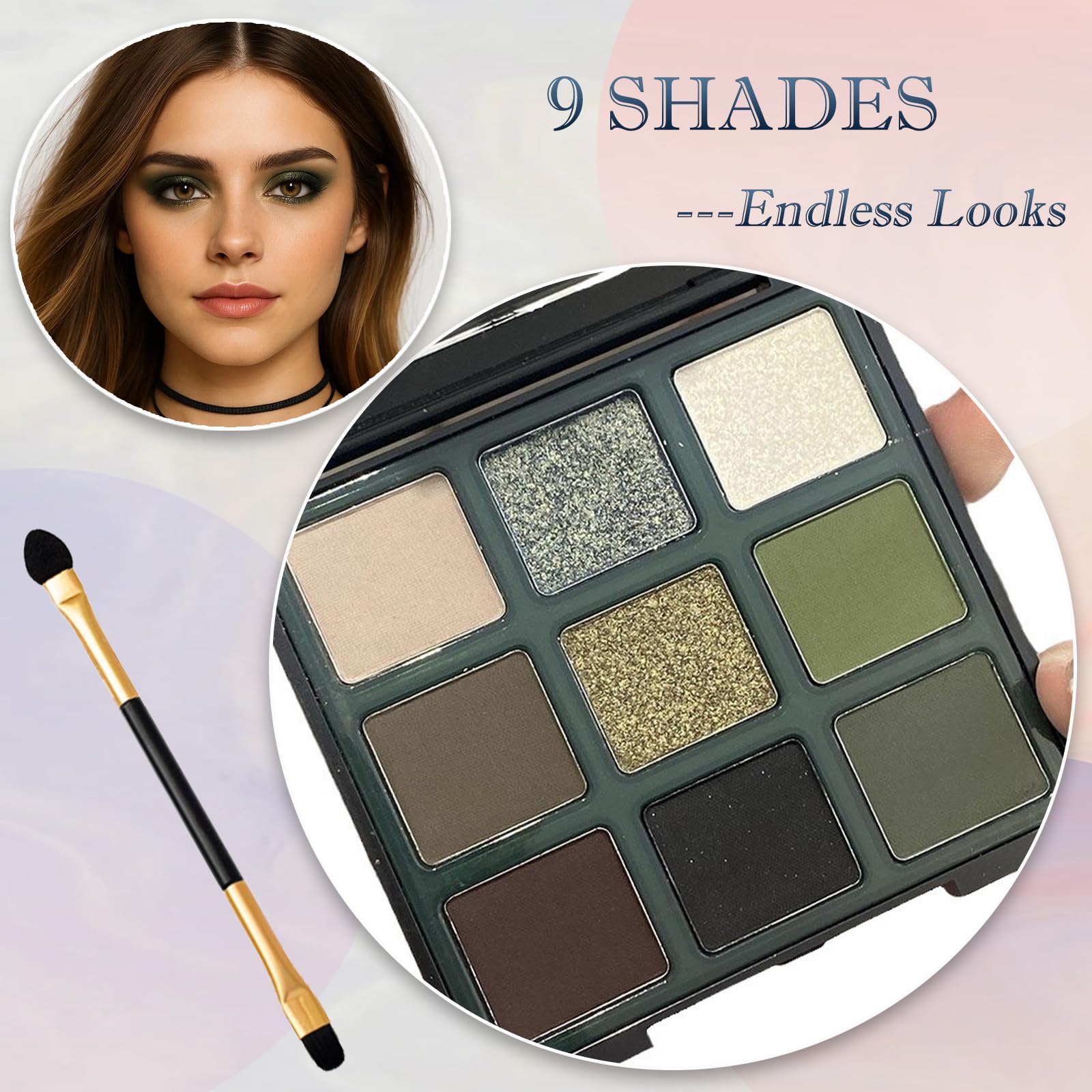 Green Smokey Eyeshadow Palette, 9 Highly Pigmented Matte & Shimmer Shades, Waterproof & Long-Lasting, with Dual-Ended Brush - Image 3