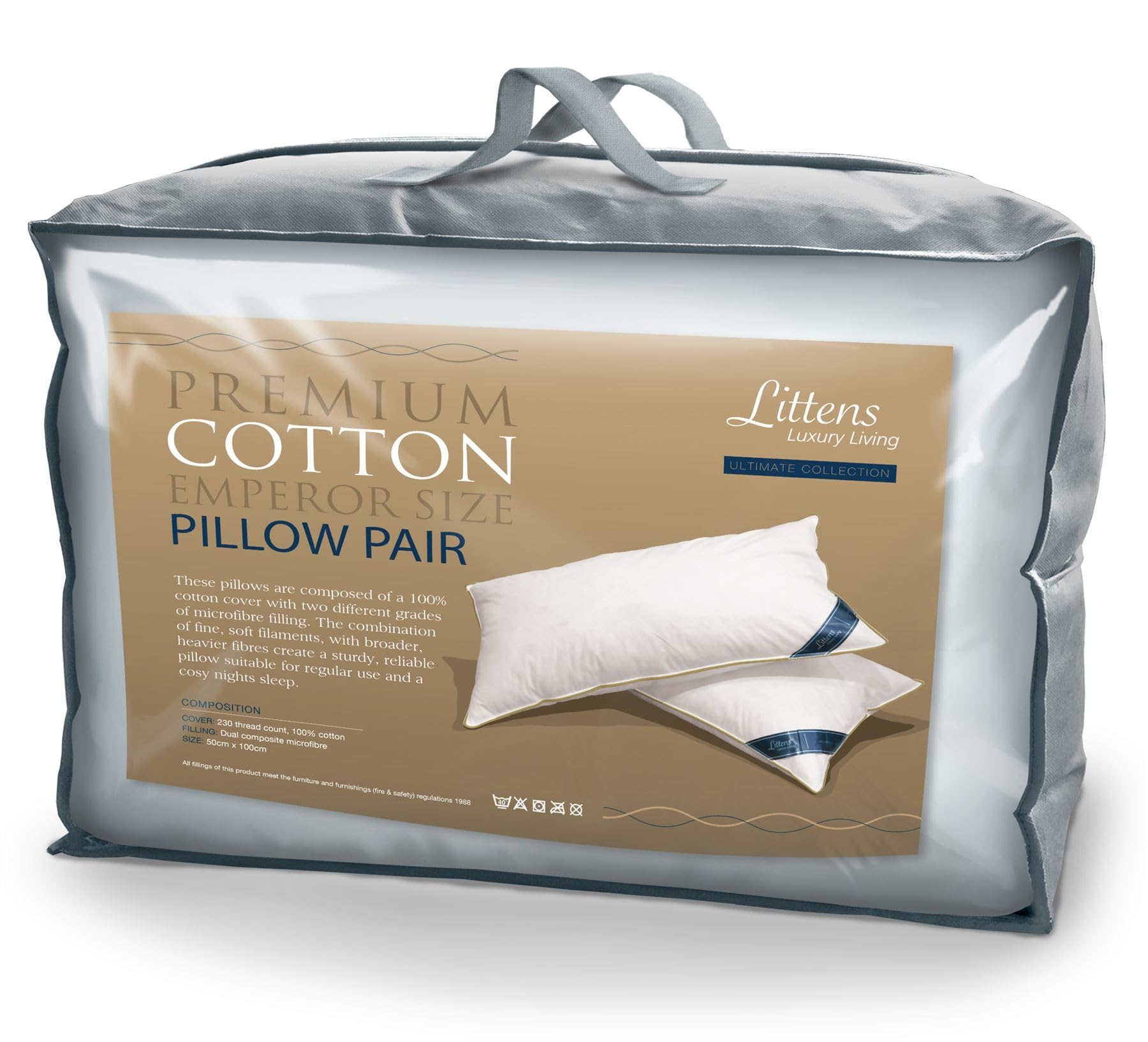 Littens 50cm x 100cm Emperor Size Ultimate Collection Premium Cotton Pair Pillows, 230TC Cotton, Dual Blend Soft Microfibre Fill. Gold Piped Edge, Long (20" x 40")