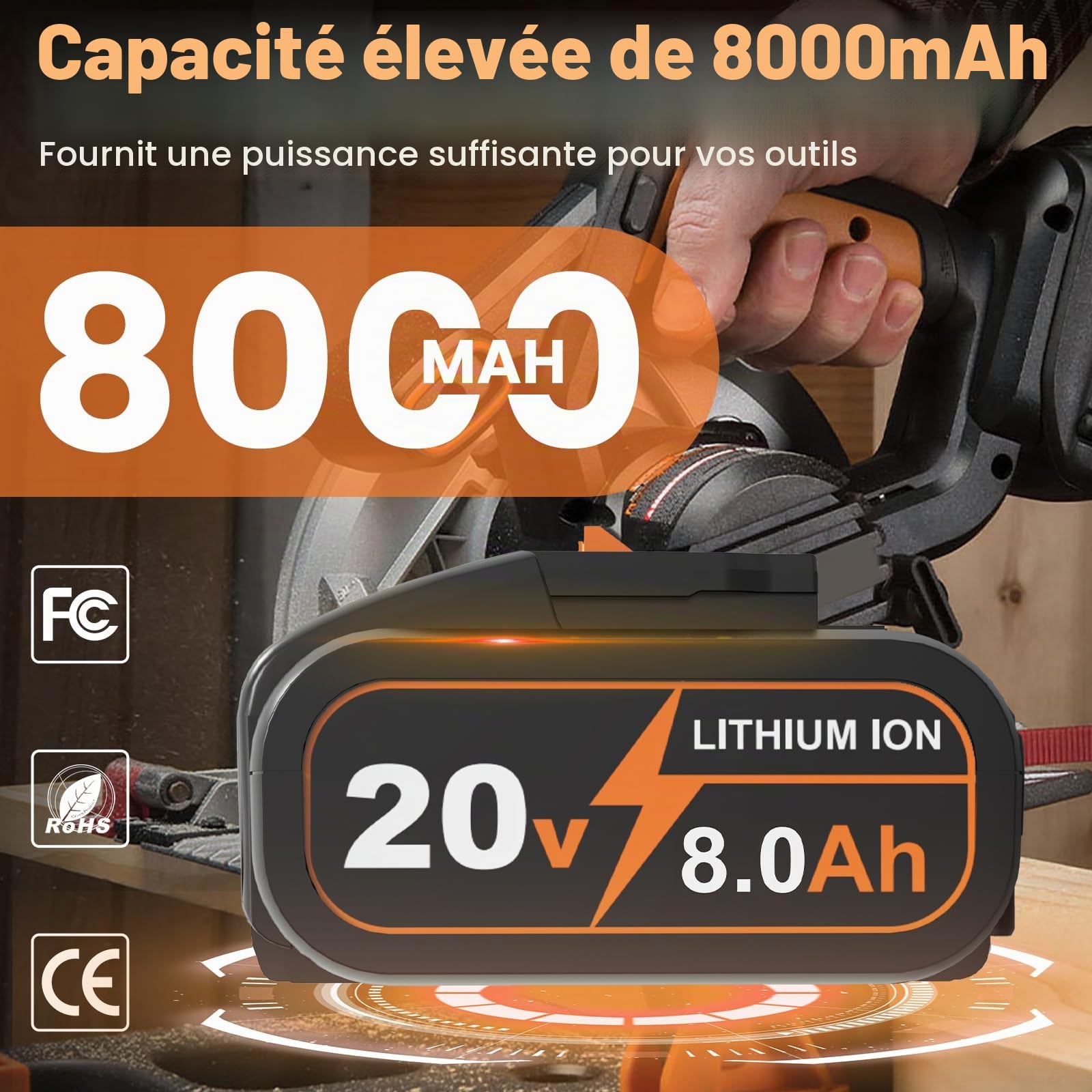 8,0 Ah 20V WA3525 Batterie de Rechange pour Worx, pour Outils électriques sans Fil pour Worx WA3572 WA3525 WA3760 WA3881 WX390 WX176 WX178 WU268 WX166.4 WX372.1 WX800 WG259E