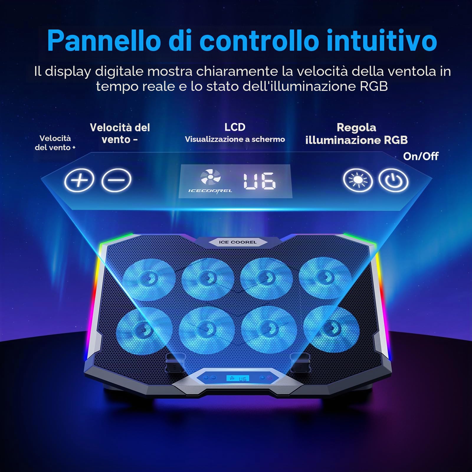 ICE COOREL Tappetino di raffreddamento per laptop da gioco con 8 ventole di raffreddamento, pad di raffreddamento RGB per laptop da 15-17,3 pollici, supporto per laptop con 6 altezze regolabili, pad