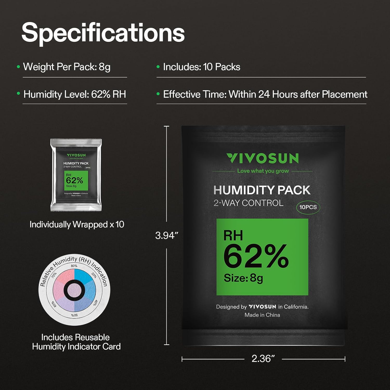 VIVOSUN 62% RH Two-Way Humidity Control Packs, Size 8 g, 20 Packs, Each for Storing 1 oz, Moisture Balancer with RH Indicator Card for Food Storage