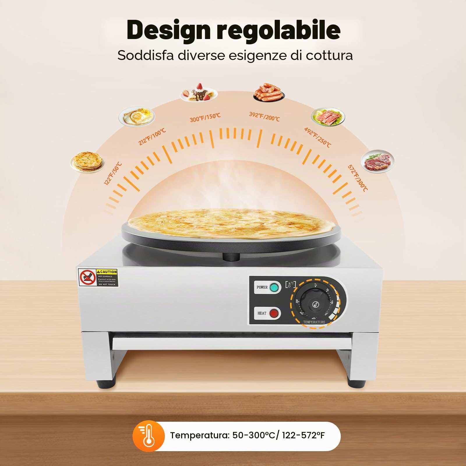 Crepe maker elettrico 40 cm 3 KW 50-300 °C vassoio estraibile termostato integrato