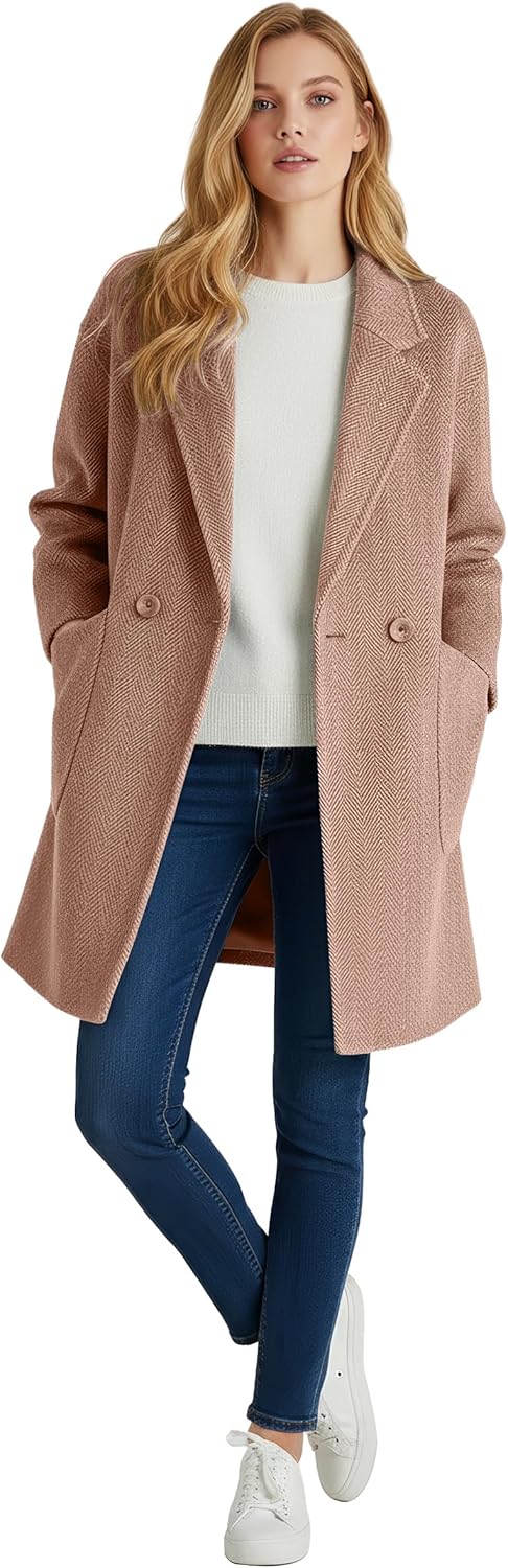 Pantete Womens Winter Warm Pea Coat Herringbone Notch Lapel Mid-Long Single Breasted Quilted Lined Trench Jacket
