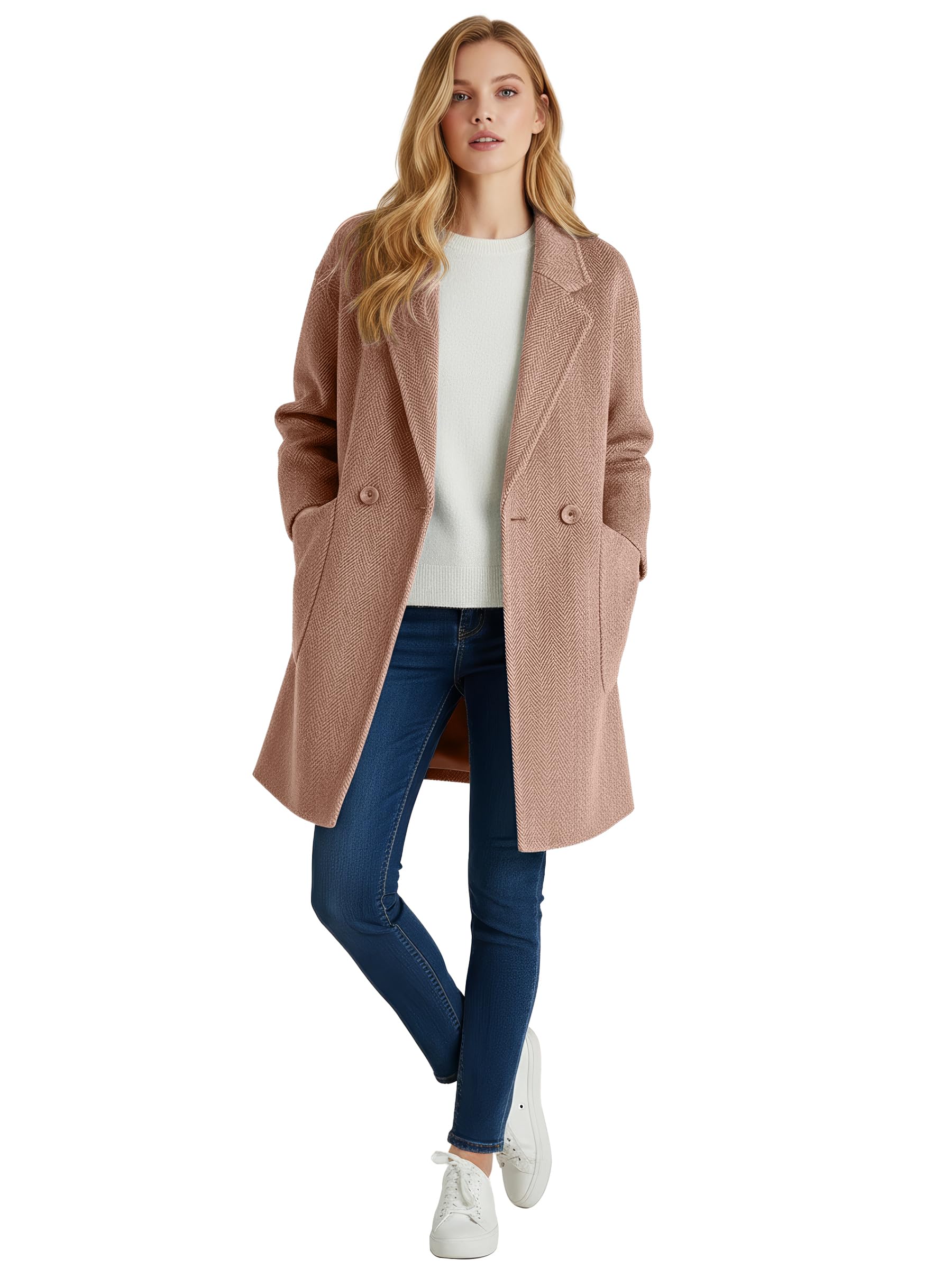 Pantete Womens Winter Warm Pea Coat Herringbone Notch Lapel Mid-Long Single Breasted Quilted Lined Trench Jacket