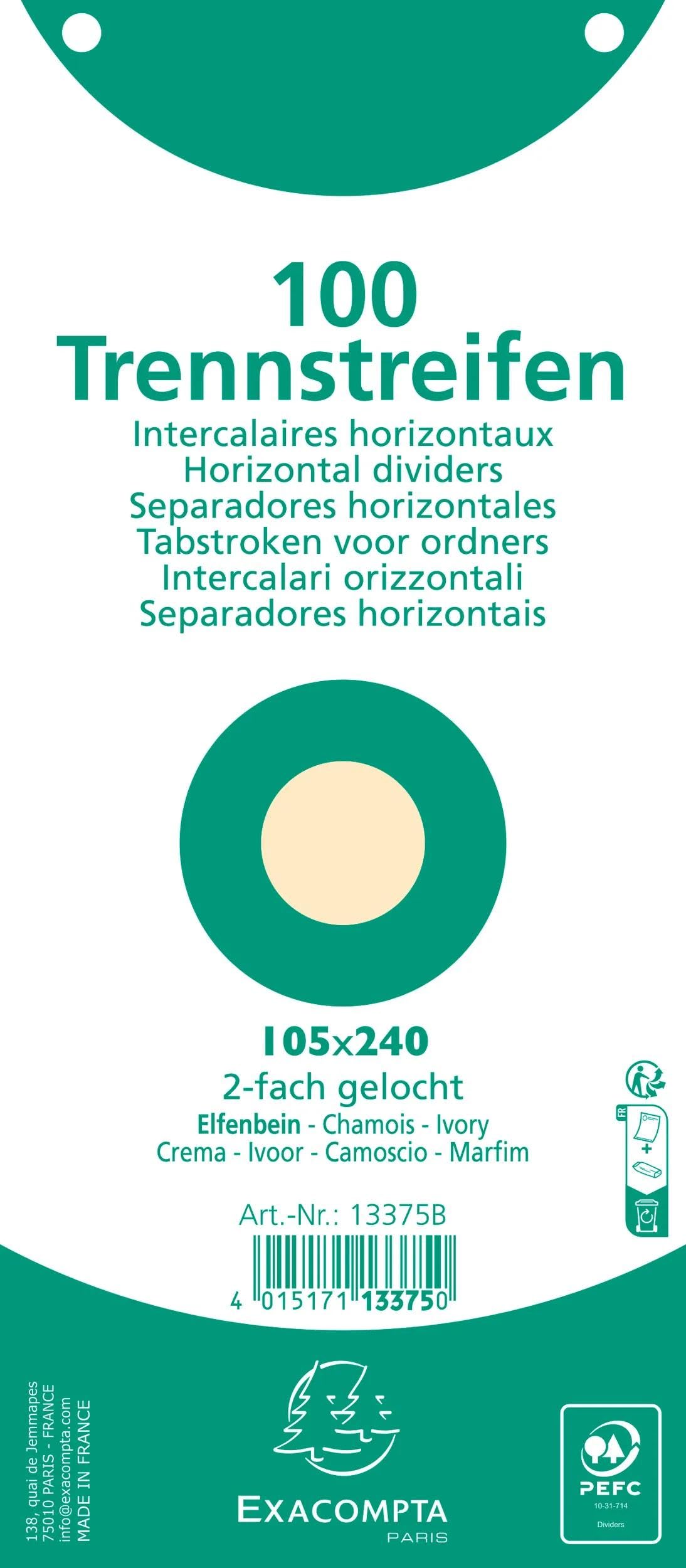 Paquet 100 fiches intercalaires horizontales unies perforees nature future - 105x240mm