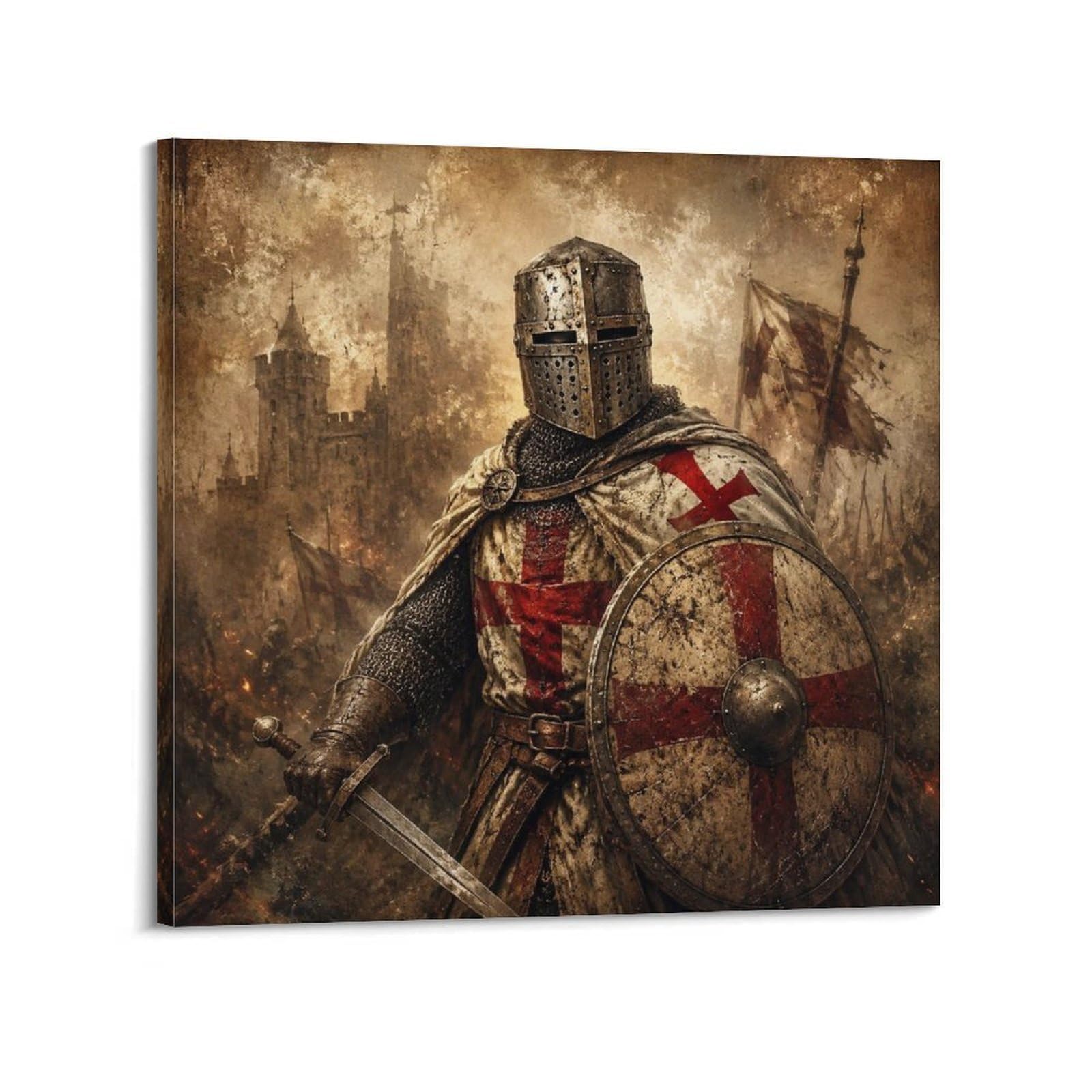 XKUGA Vintage Chainmail Templar Knight Shield Poster Guard Armor Modern Decorative Canvas Prints - Ideal Wall Art for Family, Man Cave, Game Room, Boys & Girls Bedroom 12x12inch(30x30cm)