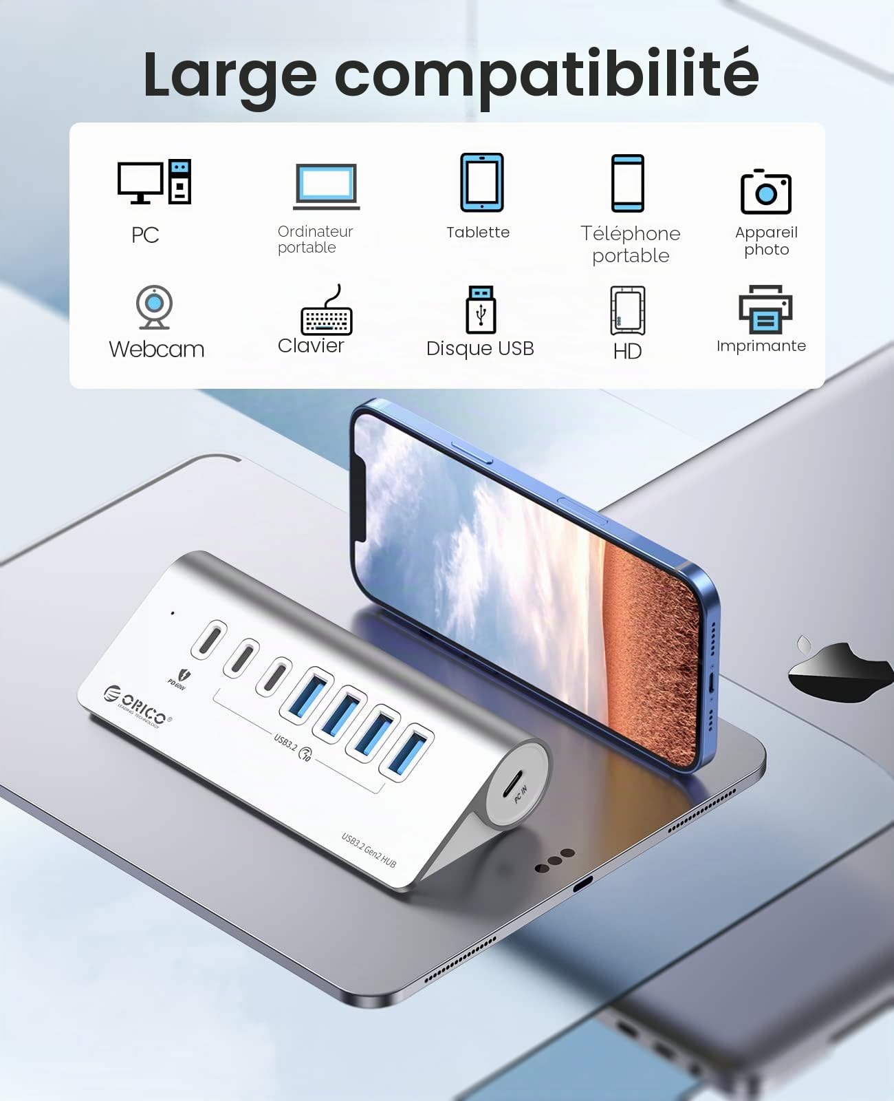 Hub USB, ORICO Hub USB C 3.2 Gen 2 alimenté à 7 ports 10 Gbit/s avec 4 USB A, 2 USB C, PD 60 W, adaptateur d'alimentation 24V/3A, répartiteur USB en aluminium avec 0.5m câble pour Macbook, Macbook Pro