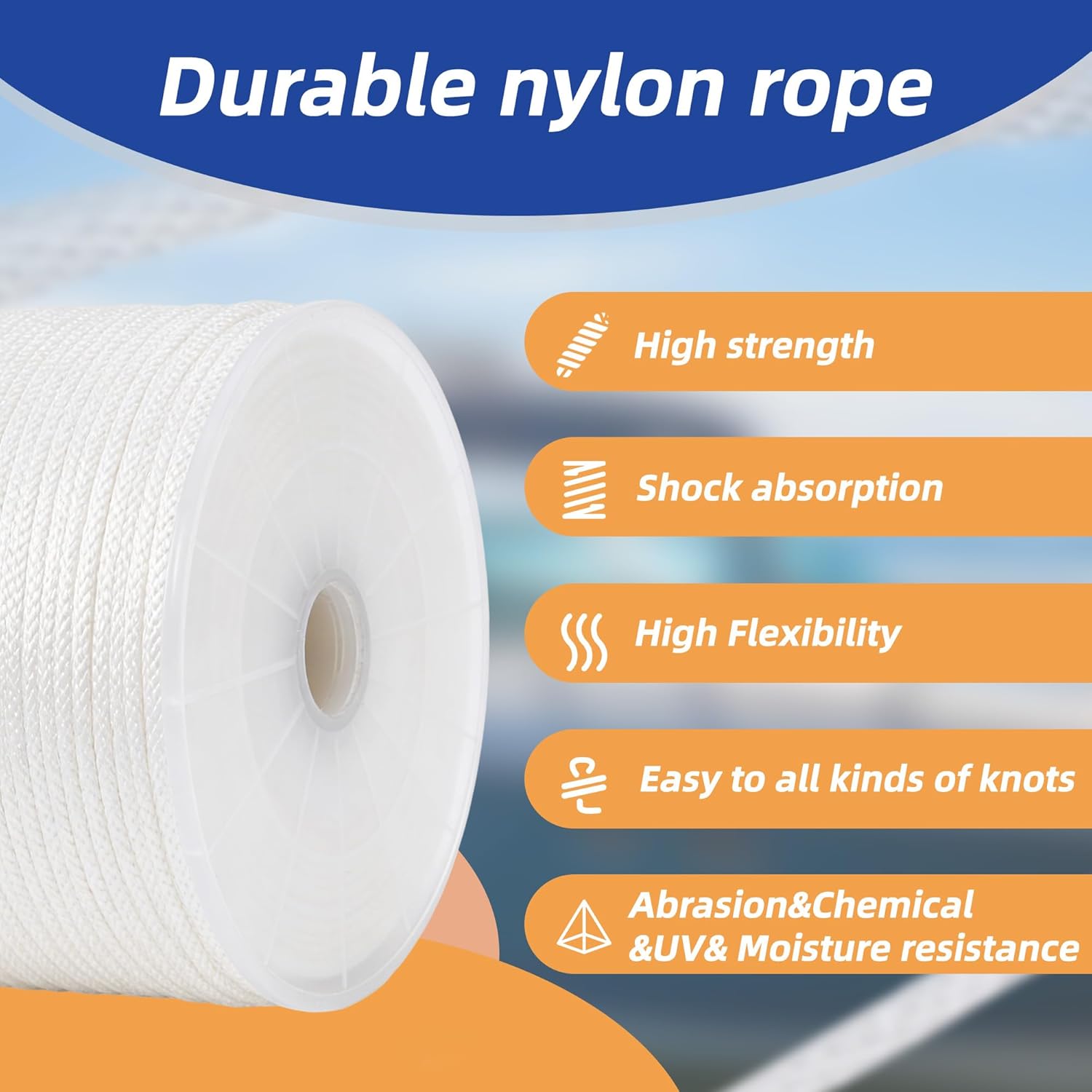Nylon Rope 1/8inch 500ft Solid Braid Multi-Purpose Ropes for Outdoor Indoor Heavy Duty for Camping, Boat, Garden, Clothesline, Marine, Soft & Flexible, High Tensile Strength, White