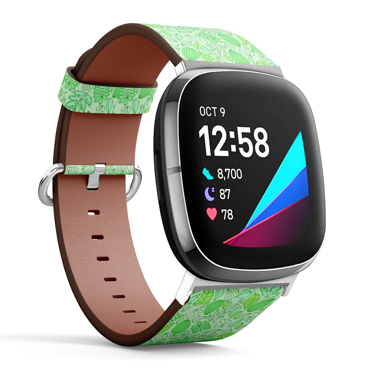 CJBROES Replacement Leather Watch Band, Compatible with Fitbit Versa 3 and Fitbit Sense of Wristband Bracelet Accessory - Green Leaves